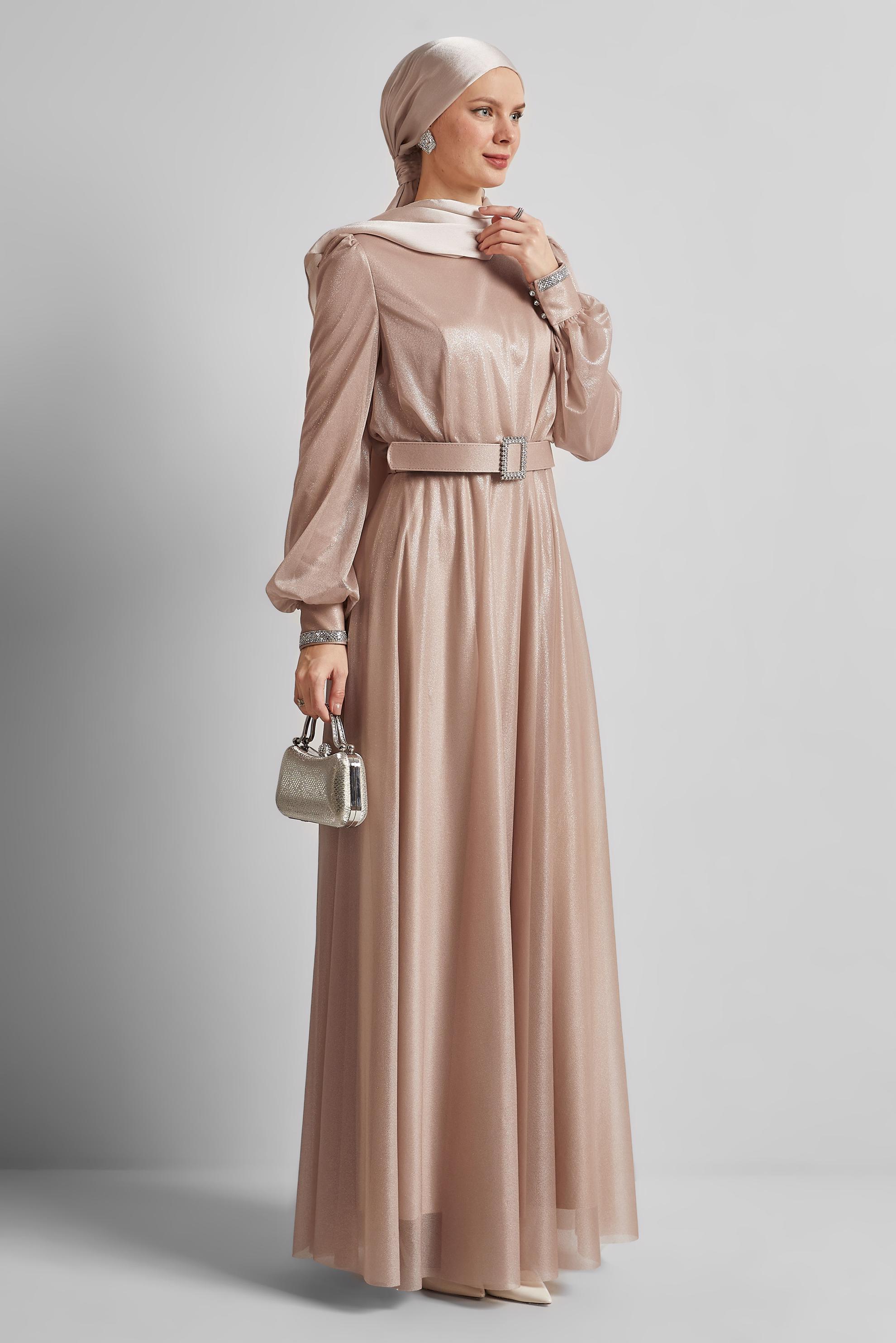 Tesettür giyim KAHVE KEMERLİ ABİYE ELBİSE 45607