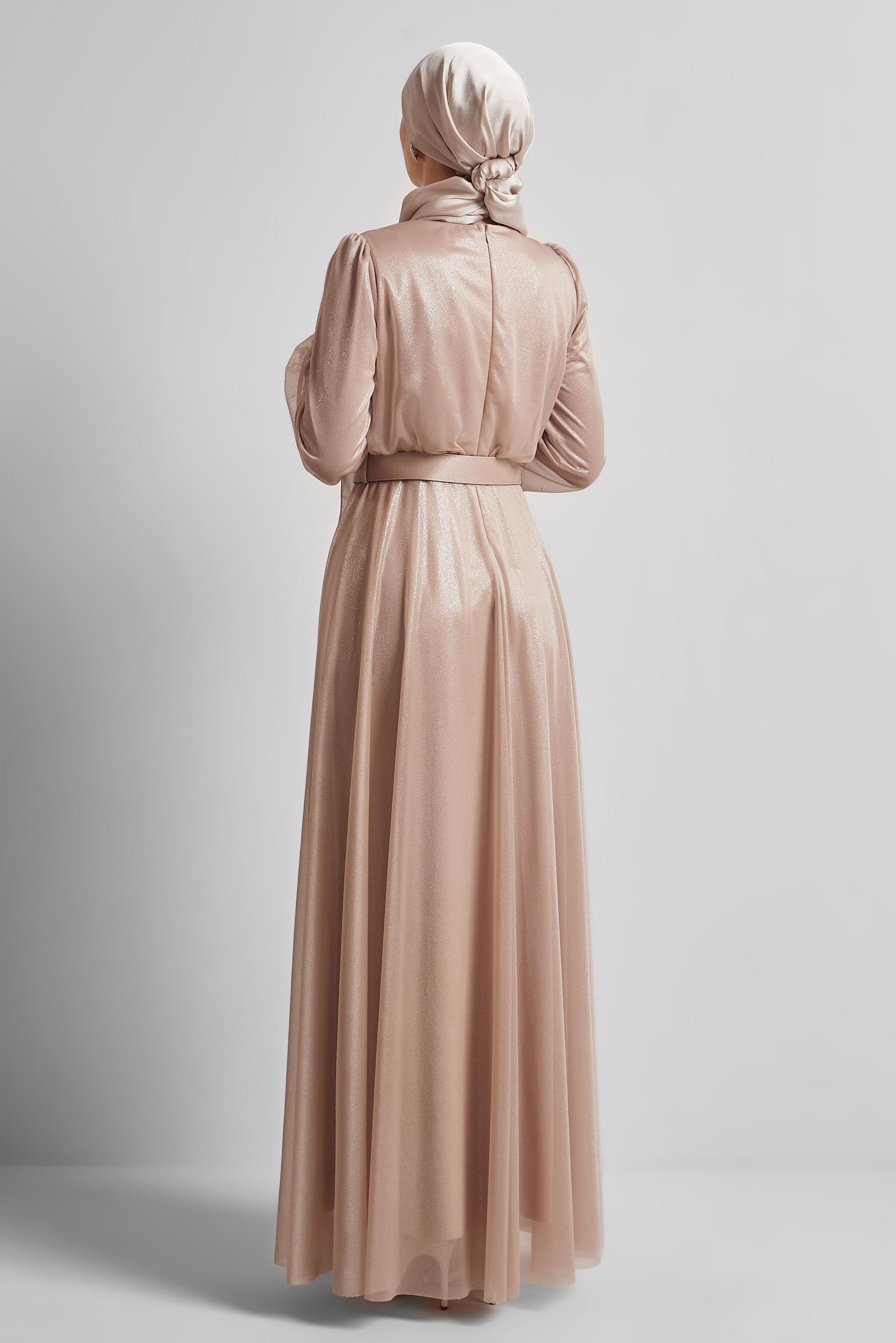 Tesettür giyim KAHVE KEMERLİ ABİYE ELBİSE 45607