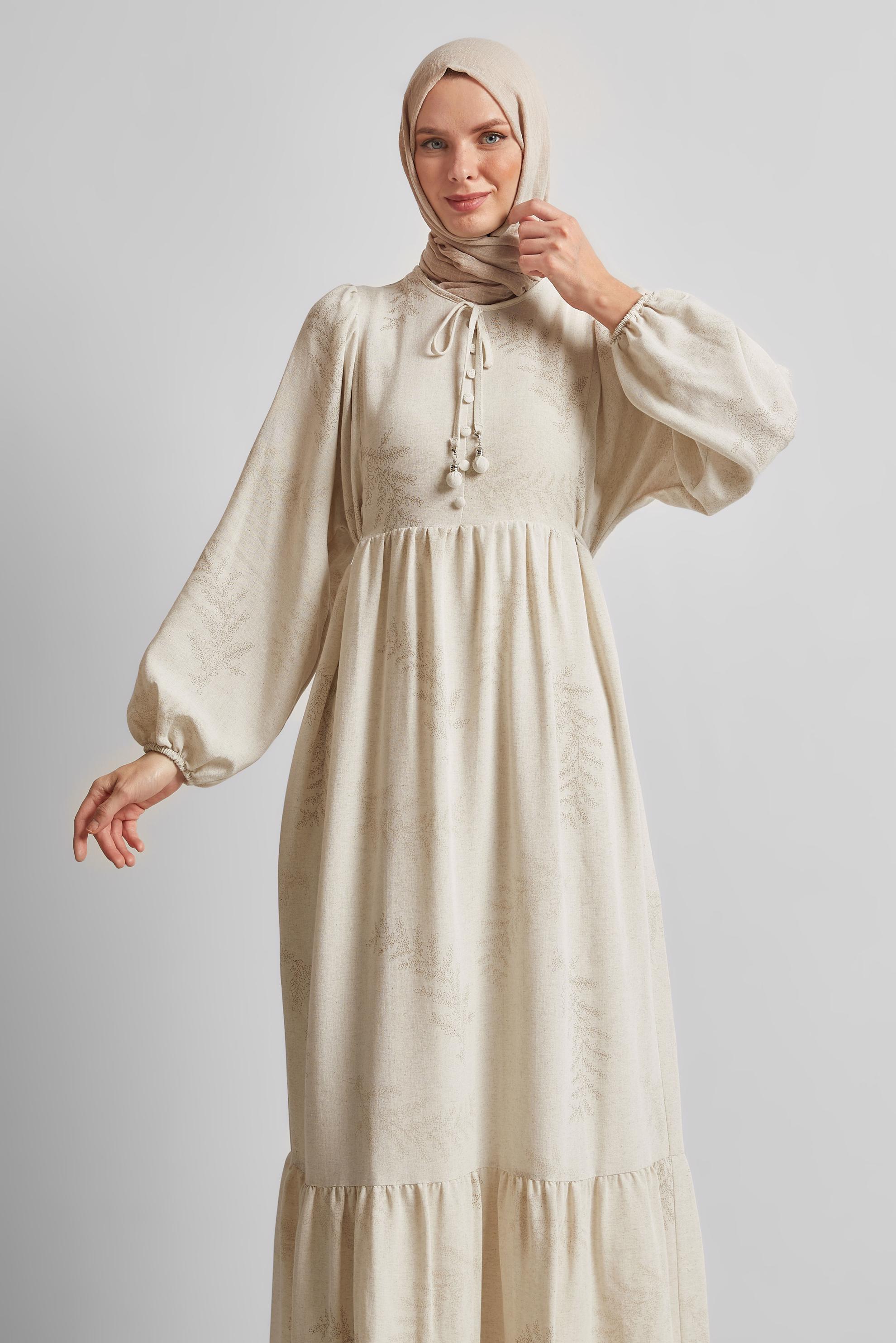 Tesettür giyim BEJ KETEN ELBİSE 45616