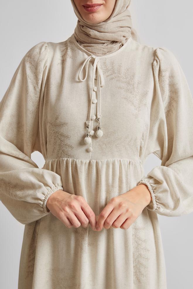 Tesettür giyim BEJ KETEN ELBİSE 45616 - ALVİNA