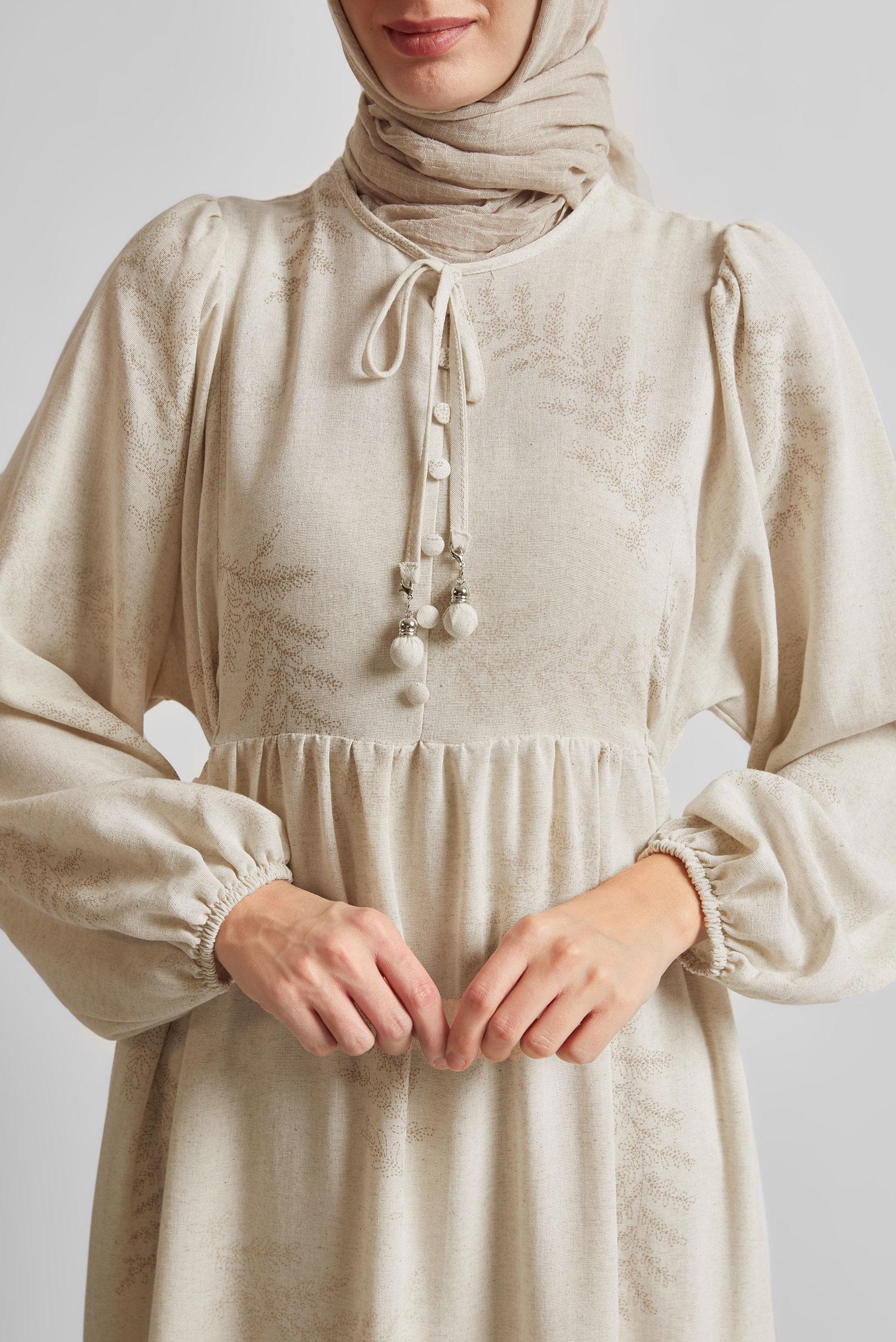 Tesettür giyim BEJ KETEN ELBİSE 45616