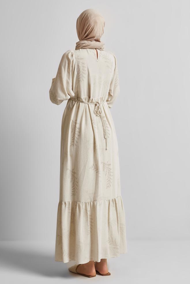 Tesettür giyim BEJ KETEN ELBİSE 45616 - ALVİNA