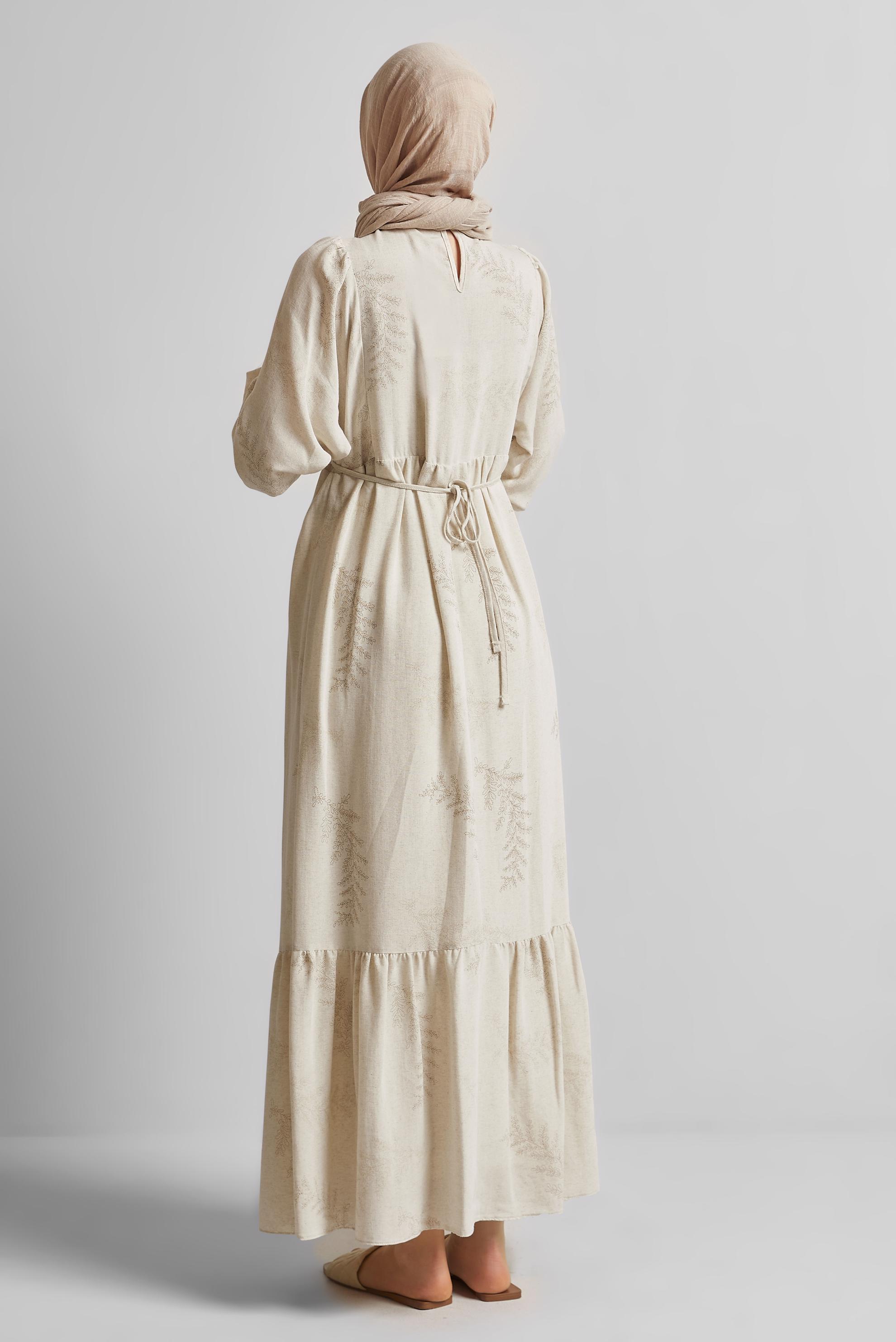 Tesettür giyim BEJ KETEN ELBİSE 45616