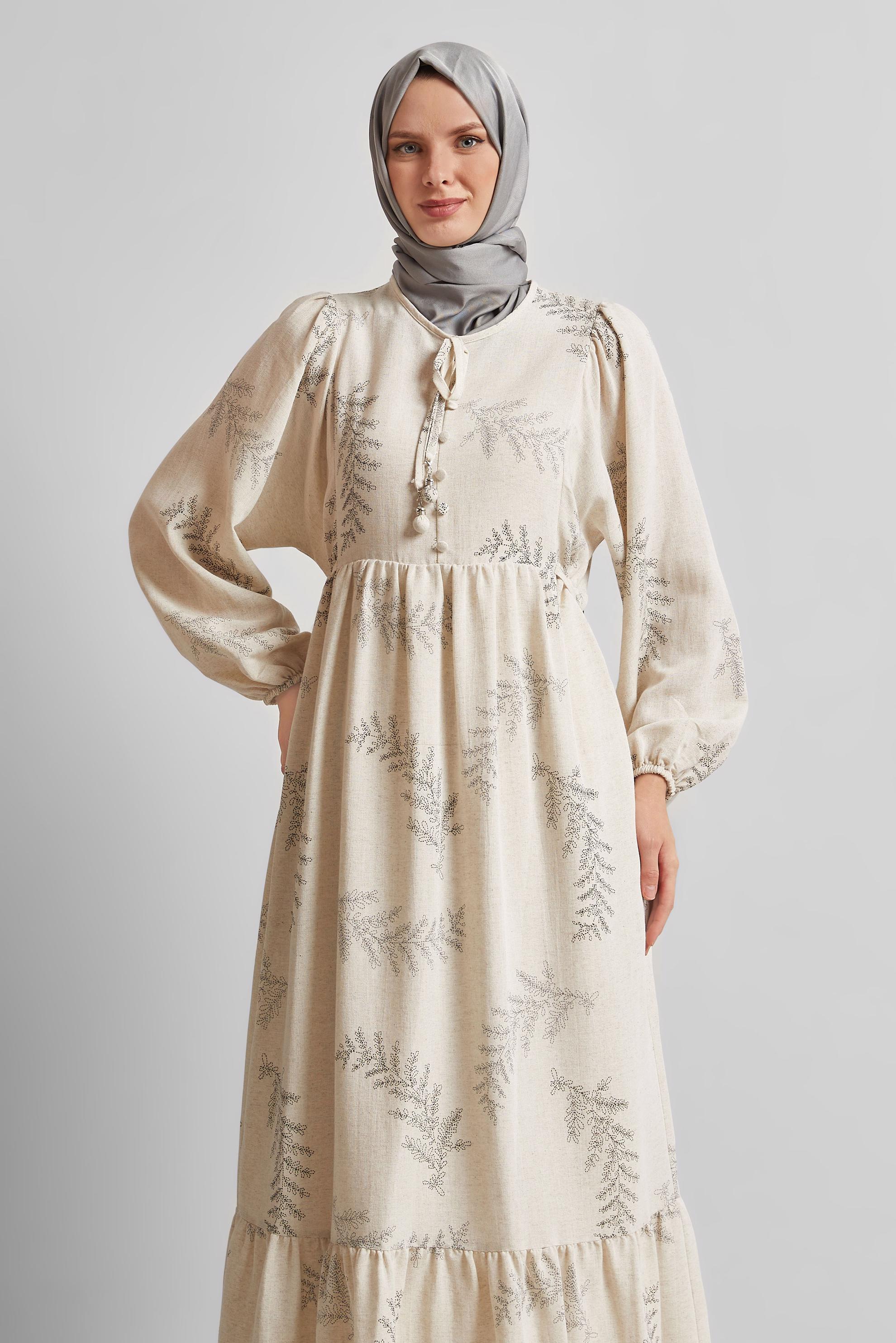 Tesettür giyim GRİ KETEN ELBİSE 45616