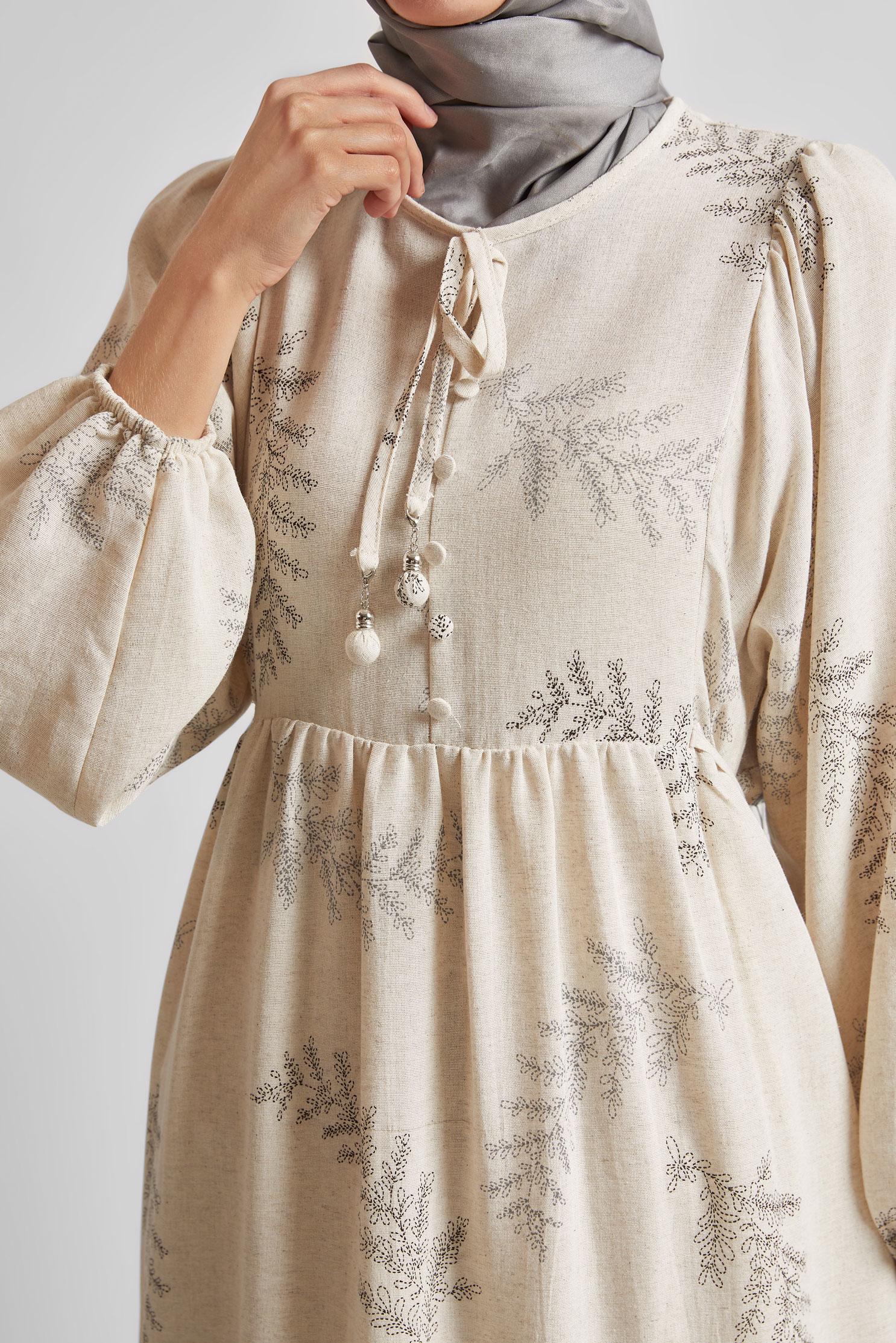 Tesettür giyim GRİ KETEN ELBİSE 45616