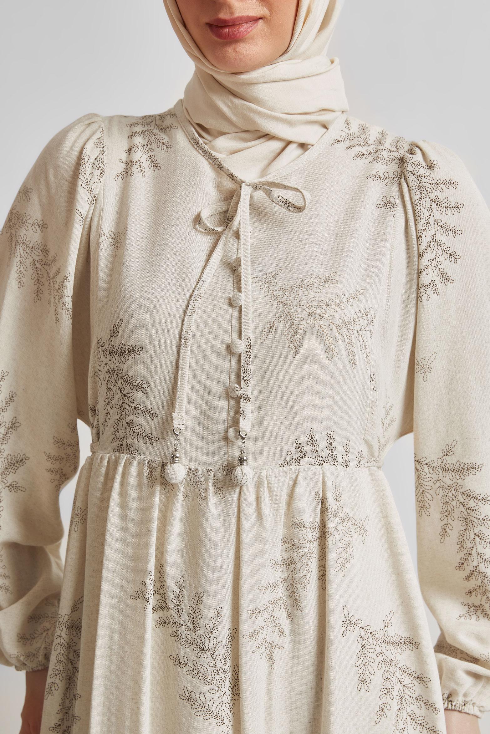 Tesettür giyim KAHVE KETEN ELBİSE 45616