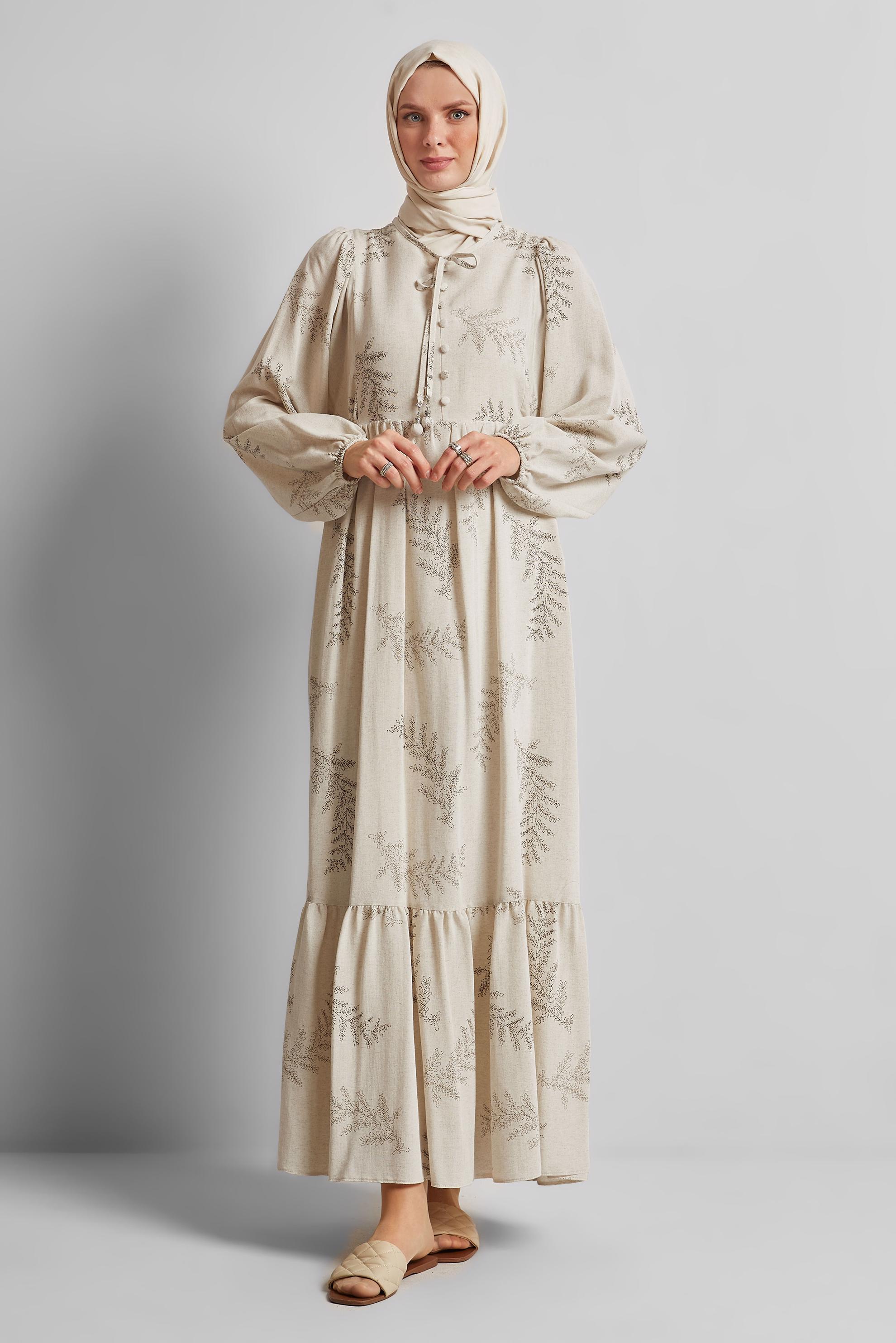 Tesettür giyim KAHVE KETEN ELBİSE 45616