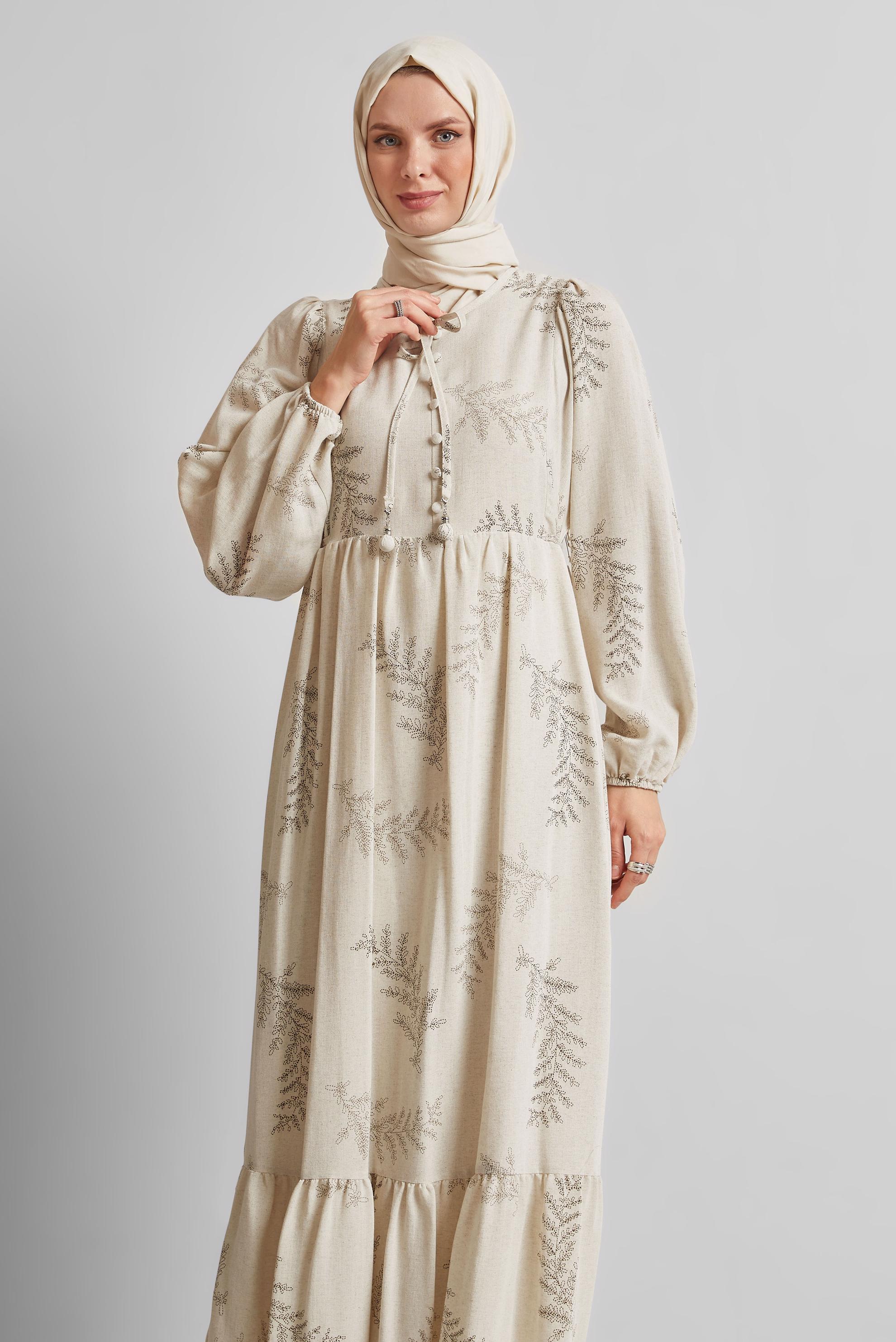 Tesettür giyim KAHVE KETEN ELBİSE 45616