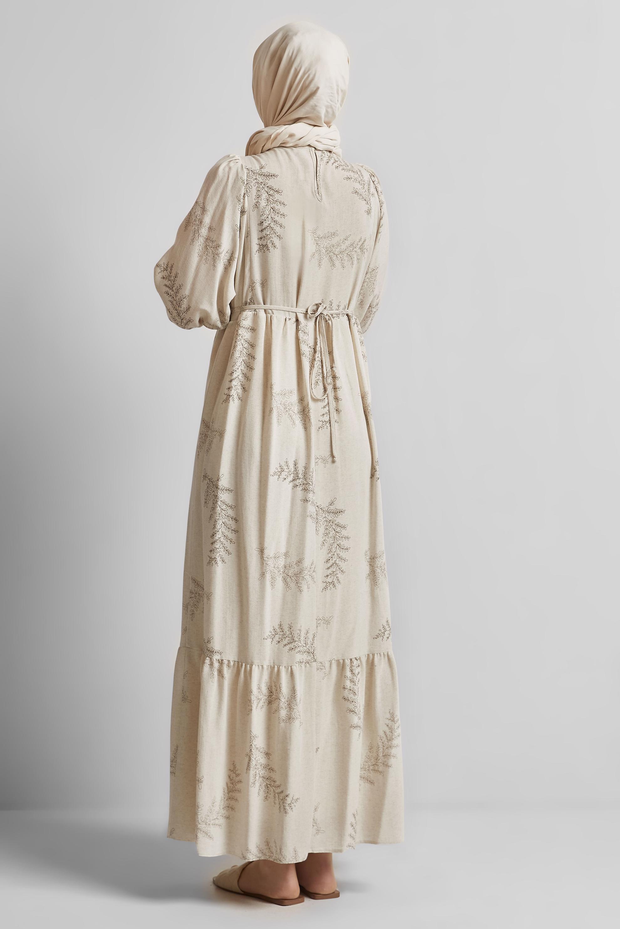 Tesettür giyim KAHVE KETEN ELBİSE 45616