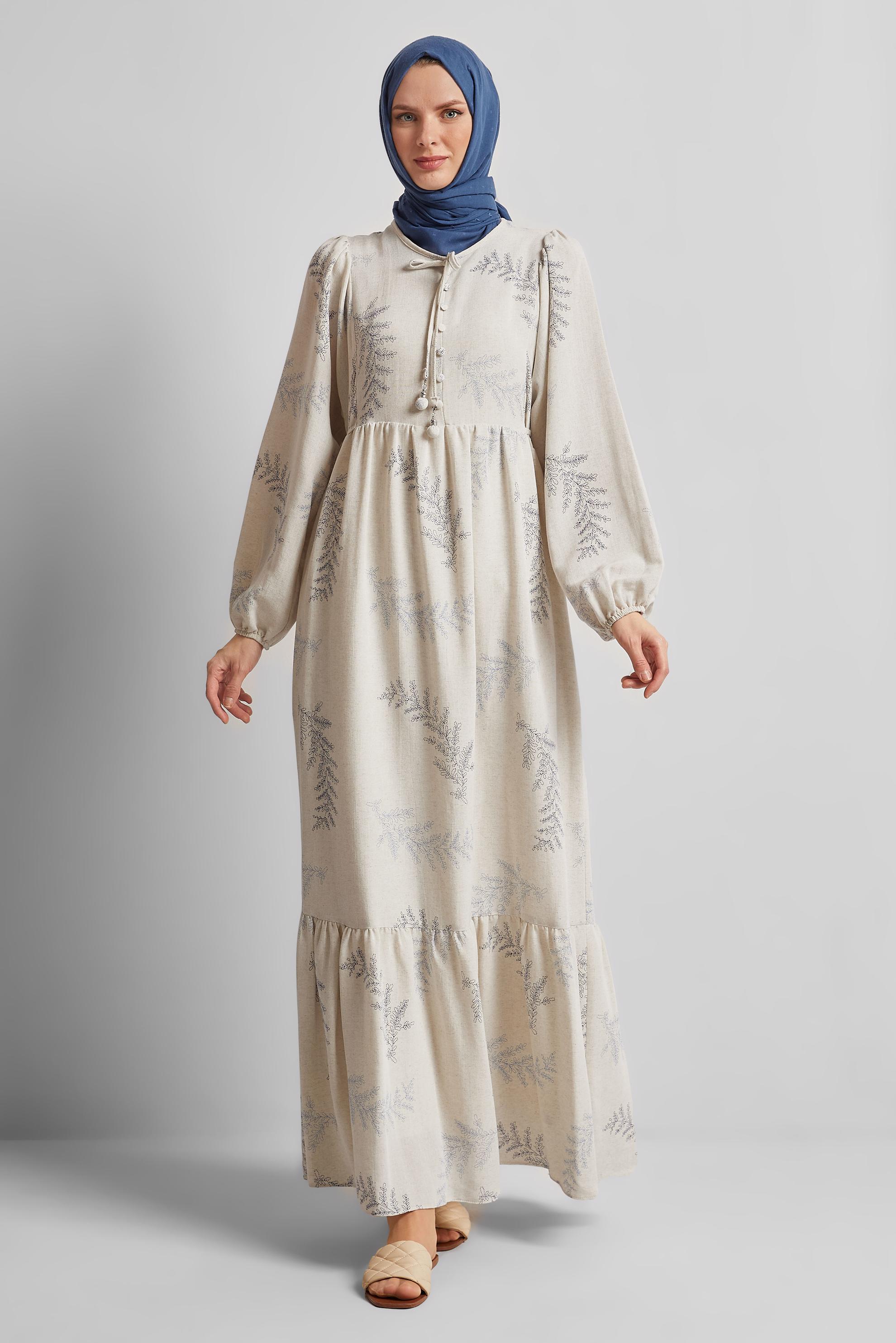 Tesettür giyim LACİVERT KETEN ELBİSE 45616