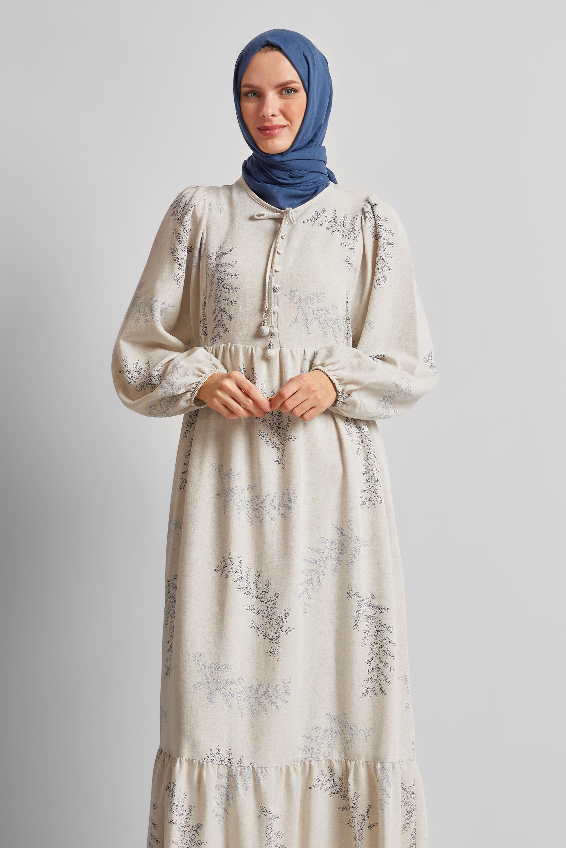 Tesettür giyim LACİVERT KETEN ELBİSE 45616