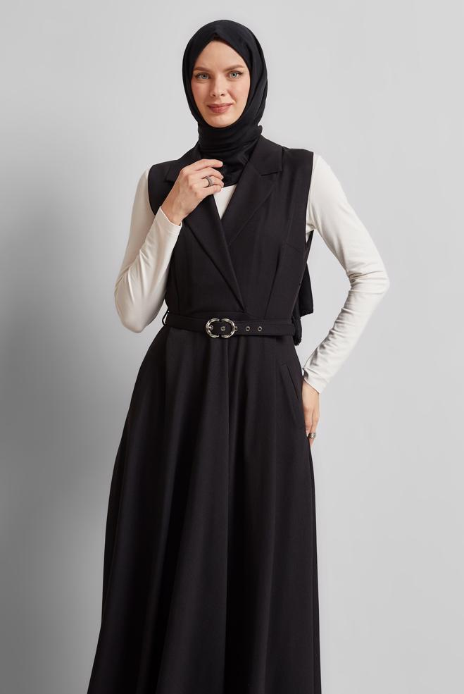 Hijab clothing BLACK BELTED PINAFORE DRESS 45638 - ALVİNA