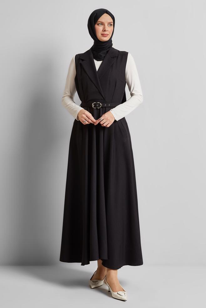 Hijab clothing BLACK BELTED PINAFORE DRESS 45638 - ALVİNA