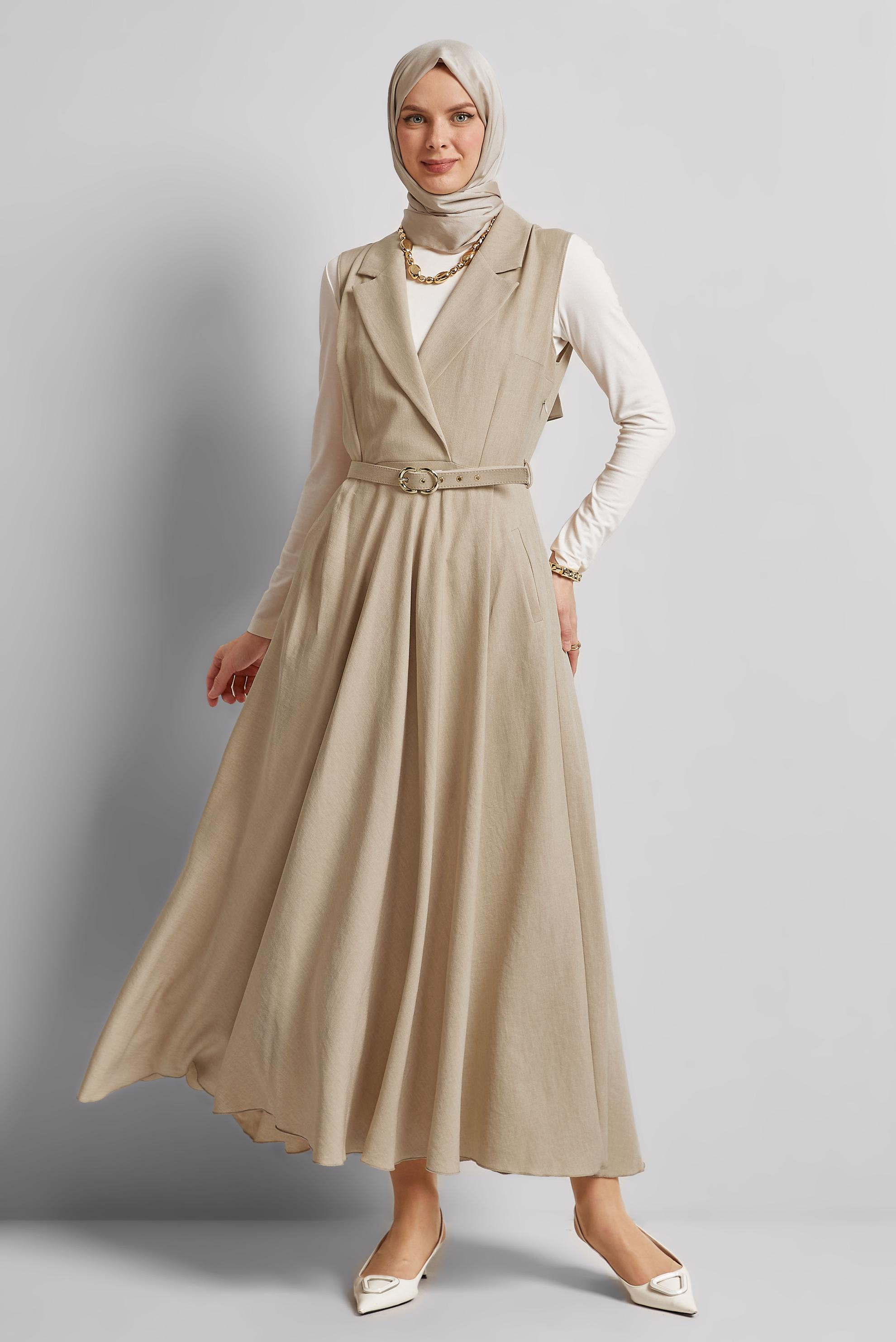 Tesettür giyim BEJ KEMERLİ JİLE ELBİSE 45638