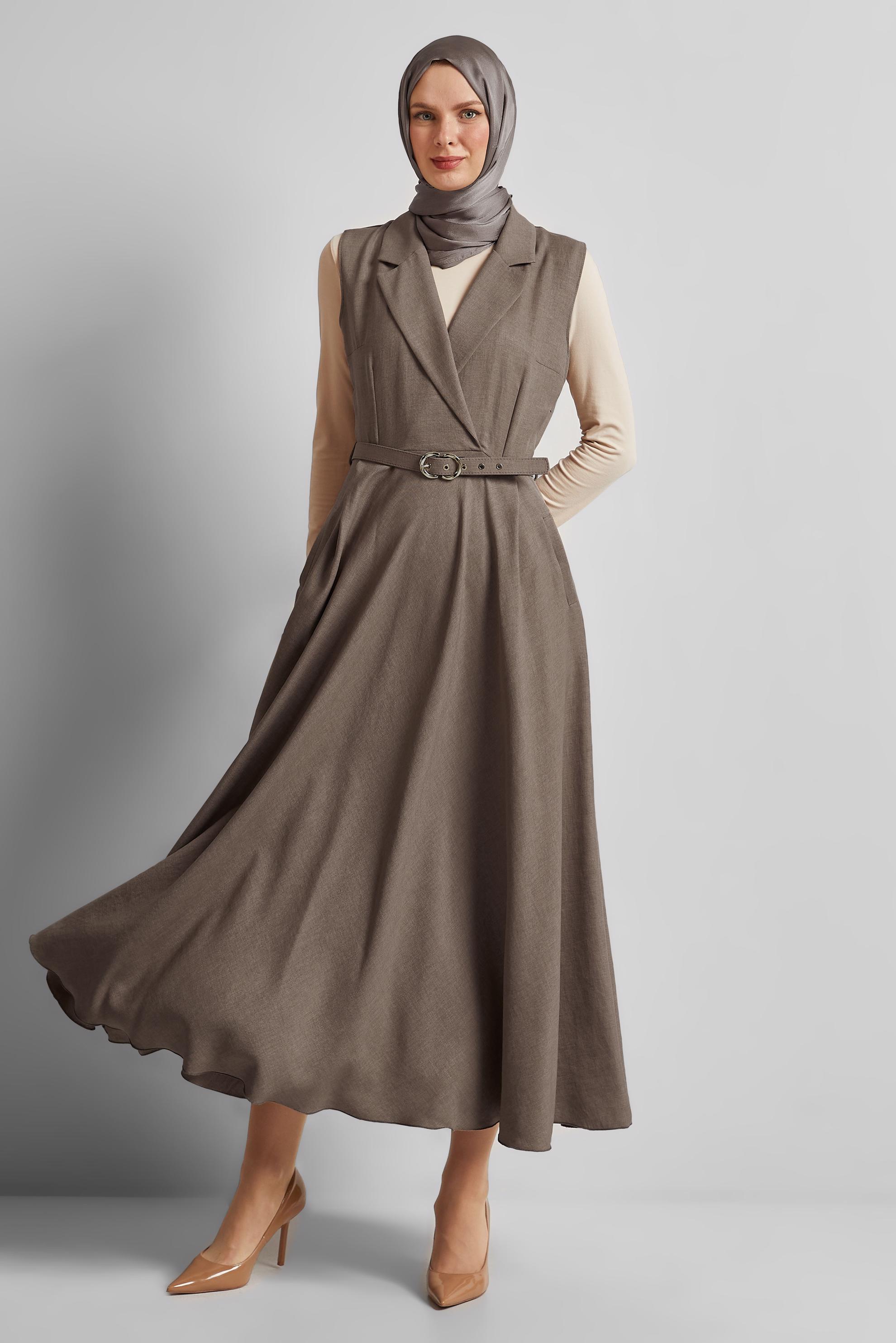 Tesettür giyim VİZON KEMERLİ JİLE ELBİSE 45638