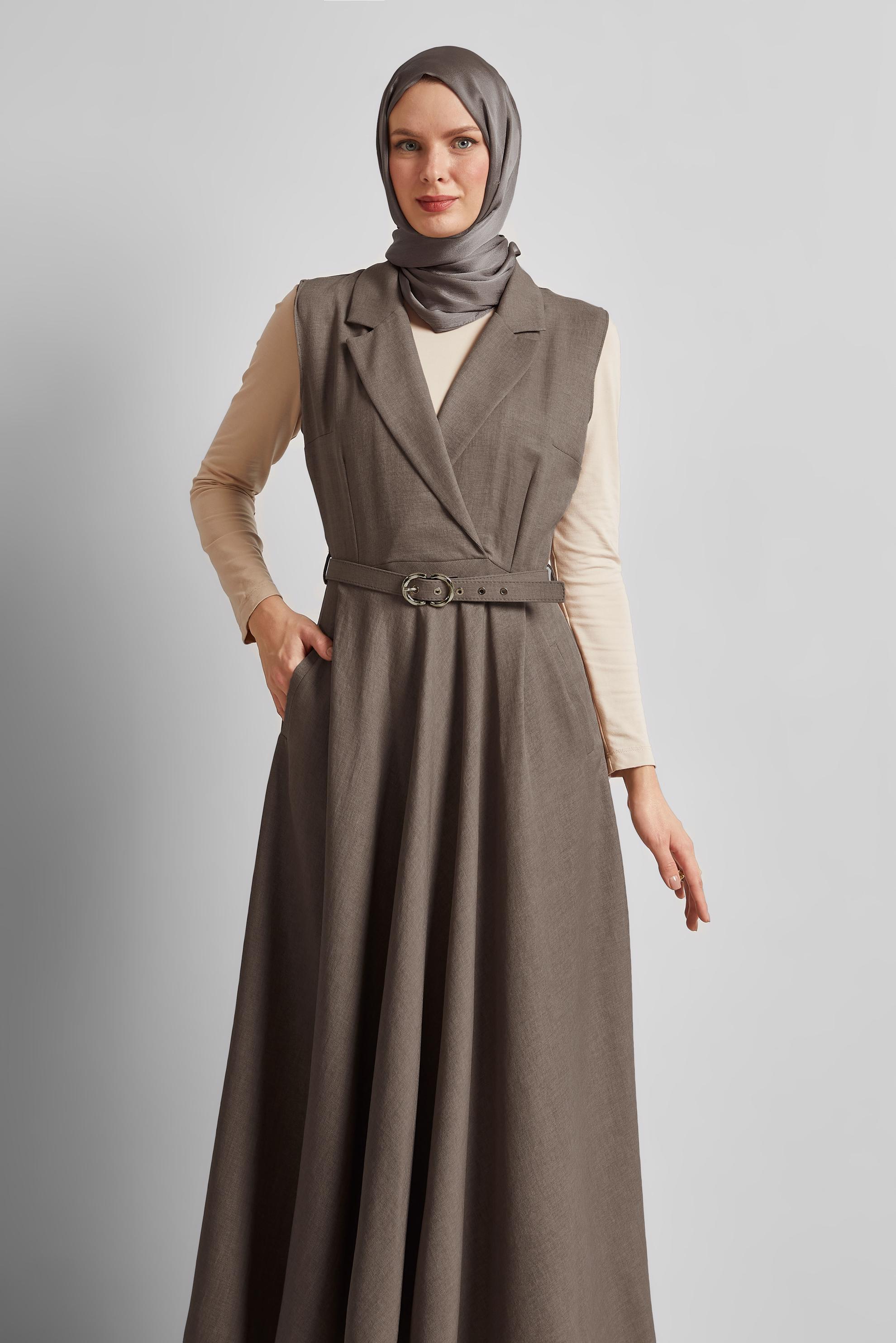 Tesettür giyim VİZON KEMERLİ JİLE ELBİSE 45638