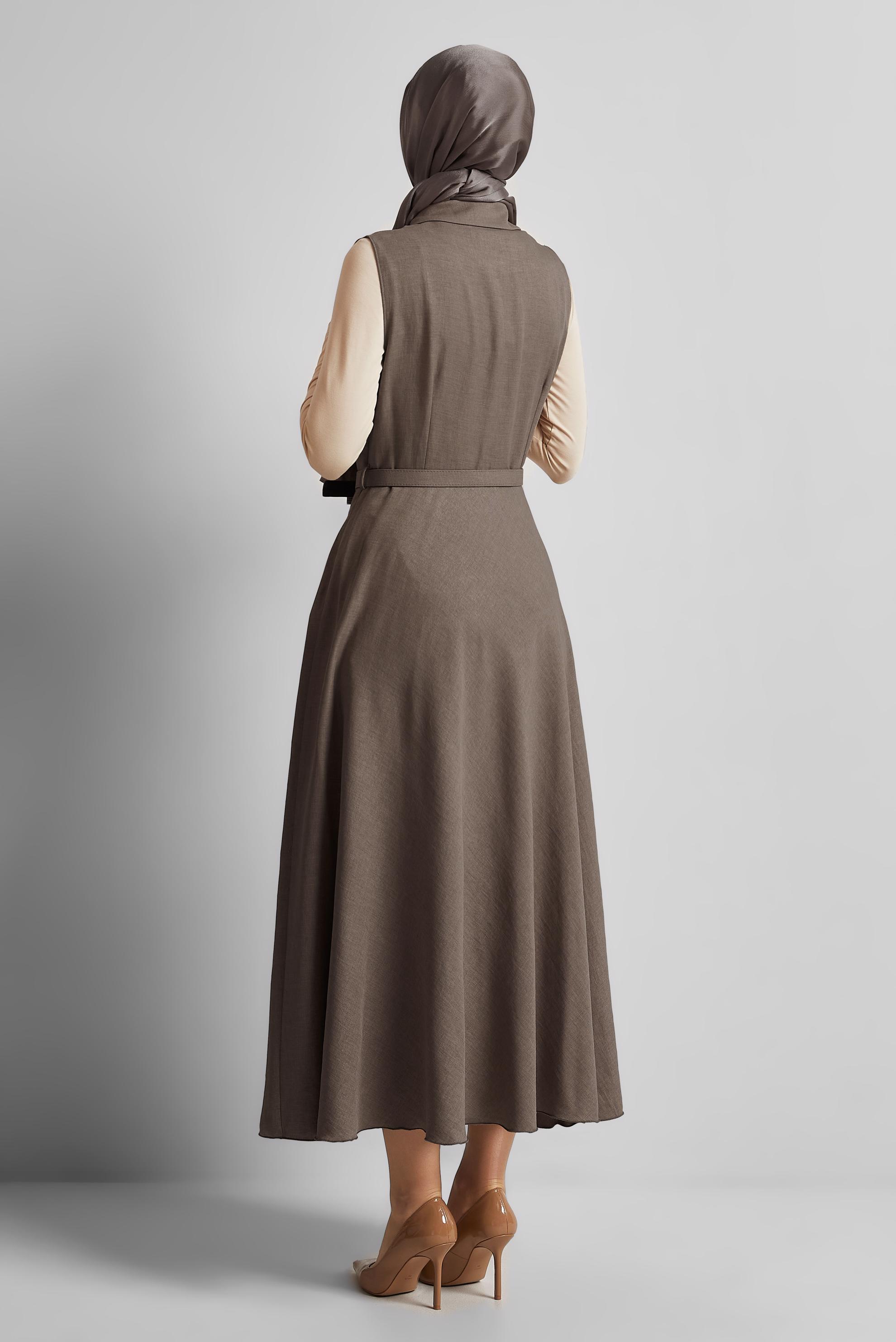 Tesettür giyim VİZON KEMERLİ JİLE ELBİSE 45638