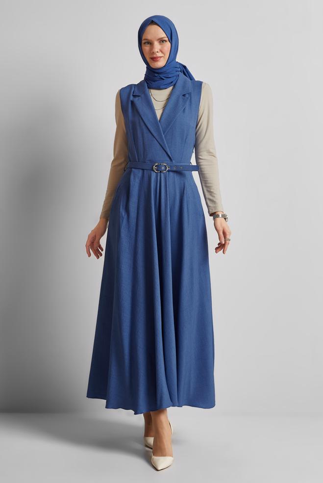 Hijab-Kleidung NAVY BLAU TRÄGERKLEID MIT GÜRTEL 45638 - ALVİNA