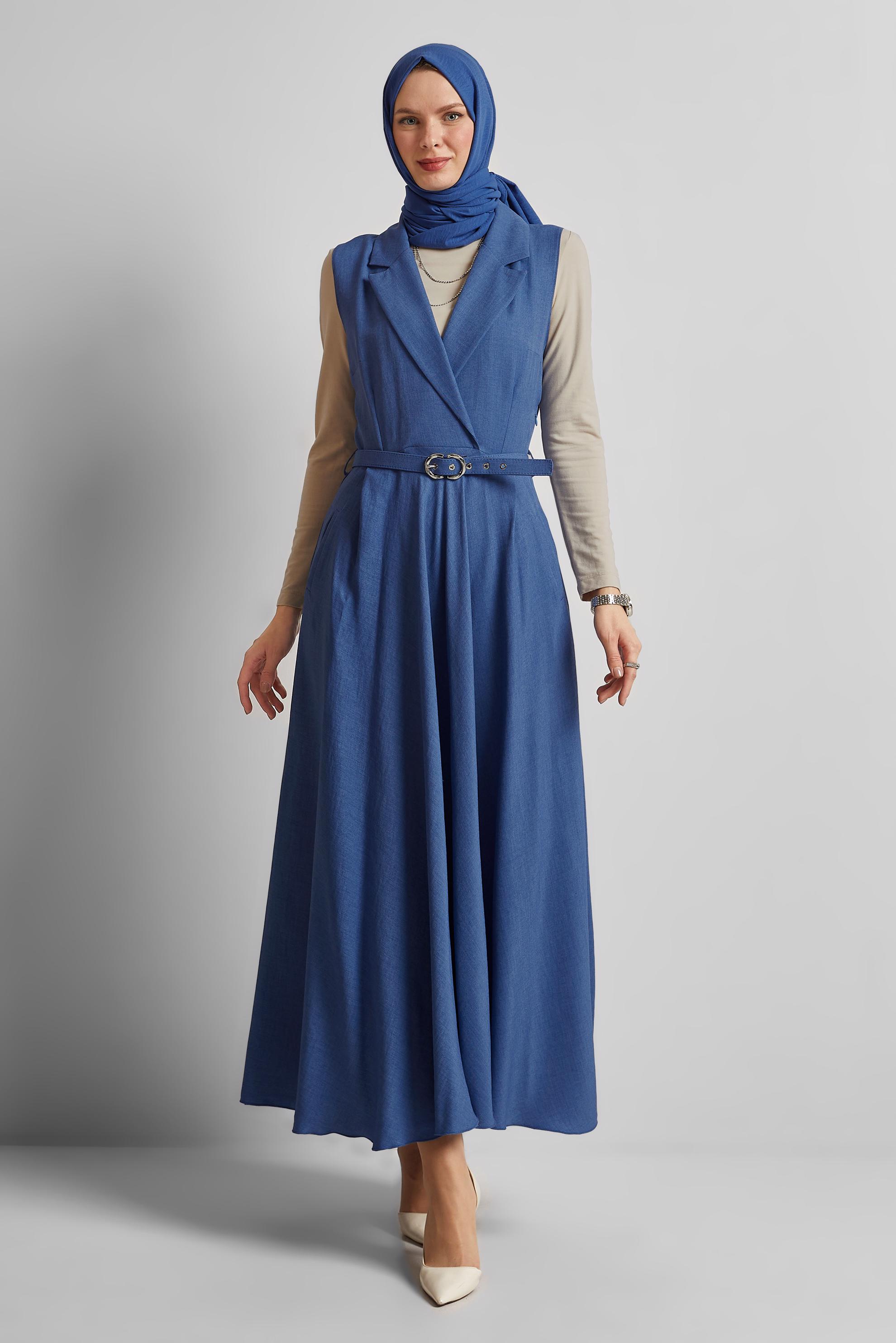 Tesettür giyim LACİVERT KEMERLİ JİLE ELBİSE 45638