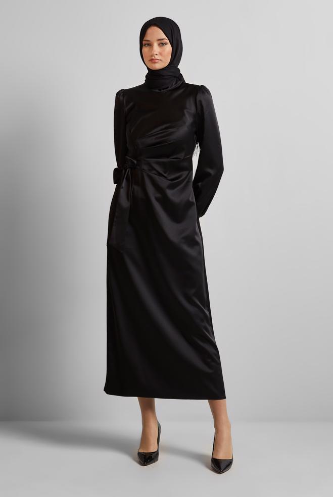 Vêtements hijab NOIR ROBE EN SATIN 45649 - ALVİNA