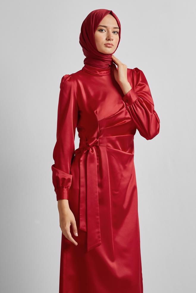 Vêtements hijab ROUGE ROBE EN SATIN 45649 - ALVİNA