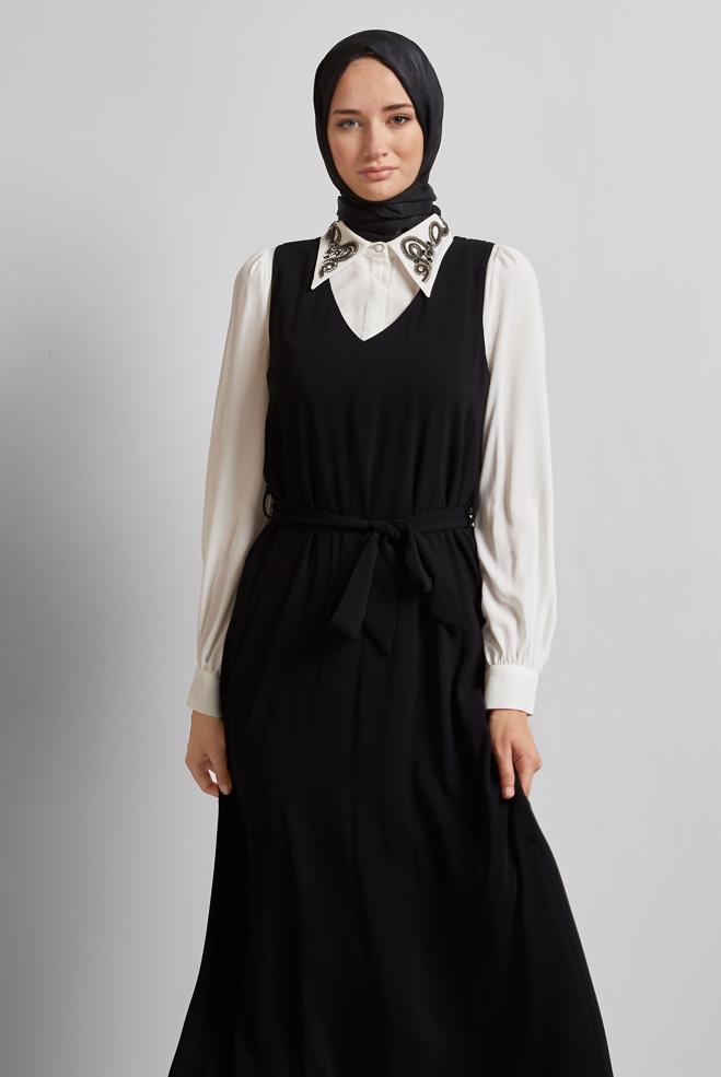 Hijab-Kleidung SCHWARZ BESTICKTER FRACKANZUG 45658 - ALVİNA