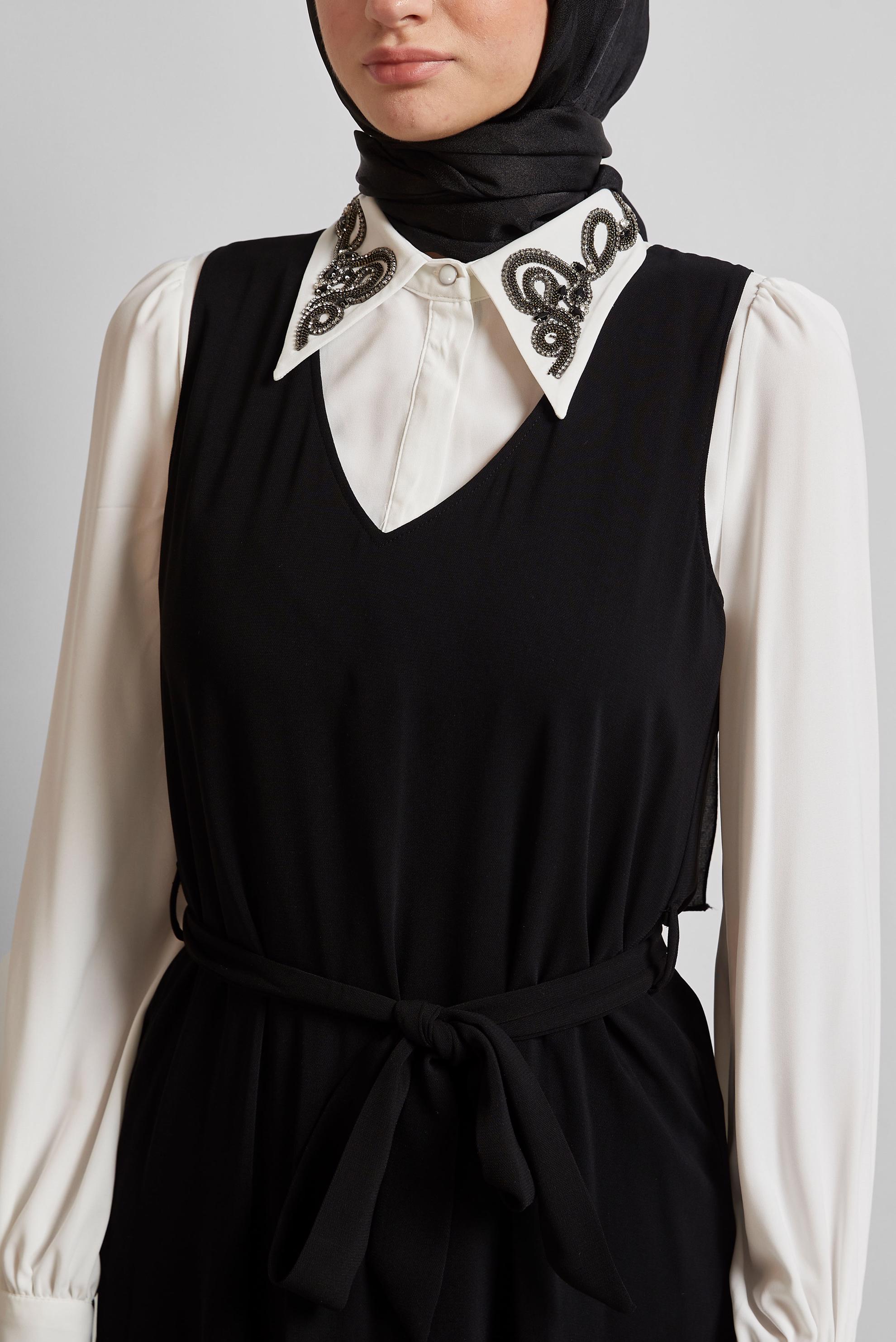 Tesettür giyim SİYAH İŞLEMELİ ELBİSELİ TAKIM 45658