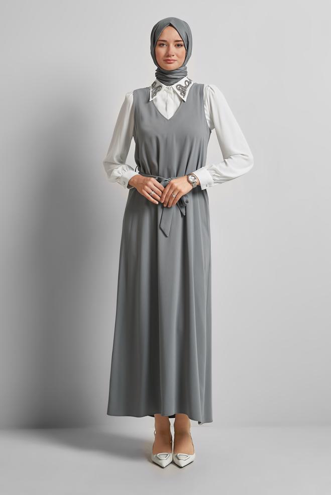 Hijab-Kleidung GRAU BESTICKTER FRACKANZUG 45658 - ALVİNA