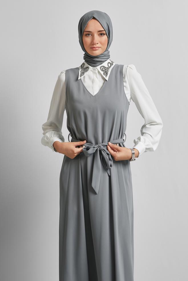 Hijab-Kleidung GRAU BESTICKTER FRACKANZUG 45658 - ALVİNA