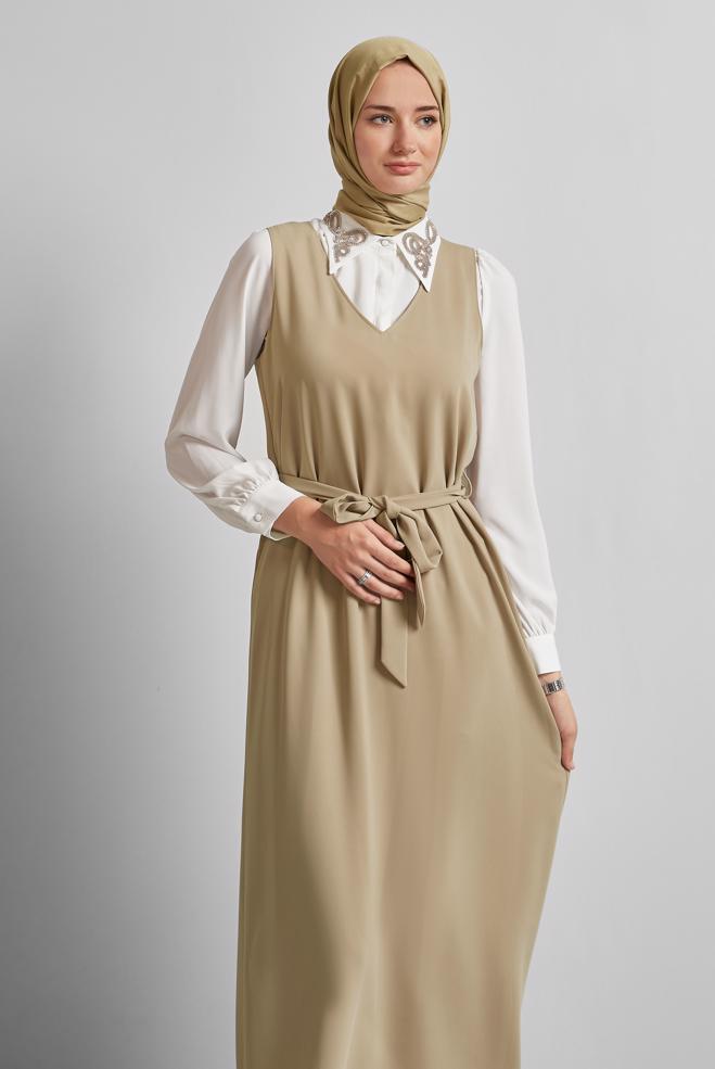 Vêtements hijab BEIGE COSTUME HABILLÉ BRODÉ 45658 - ALVİNA