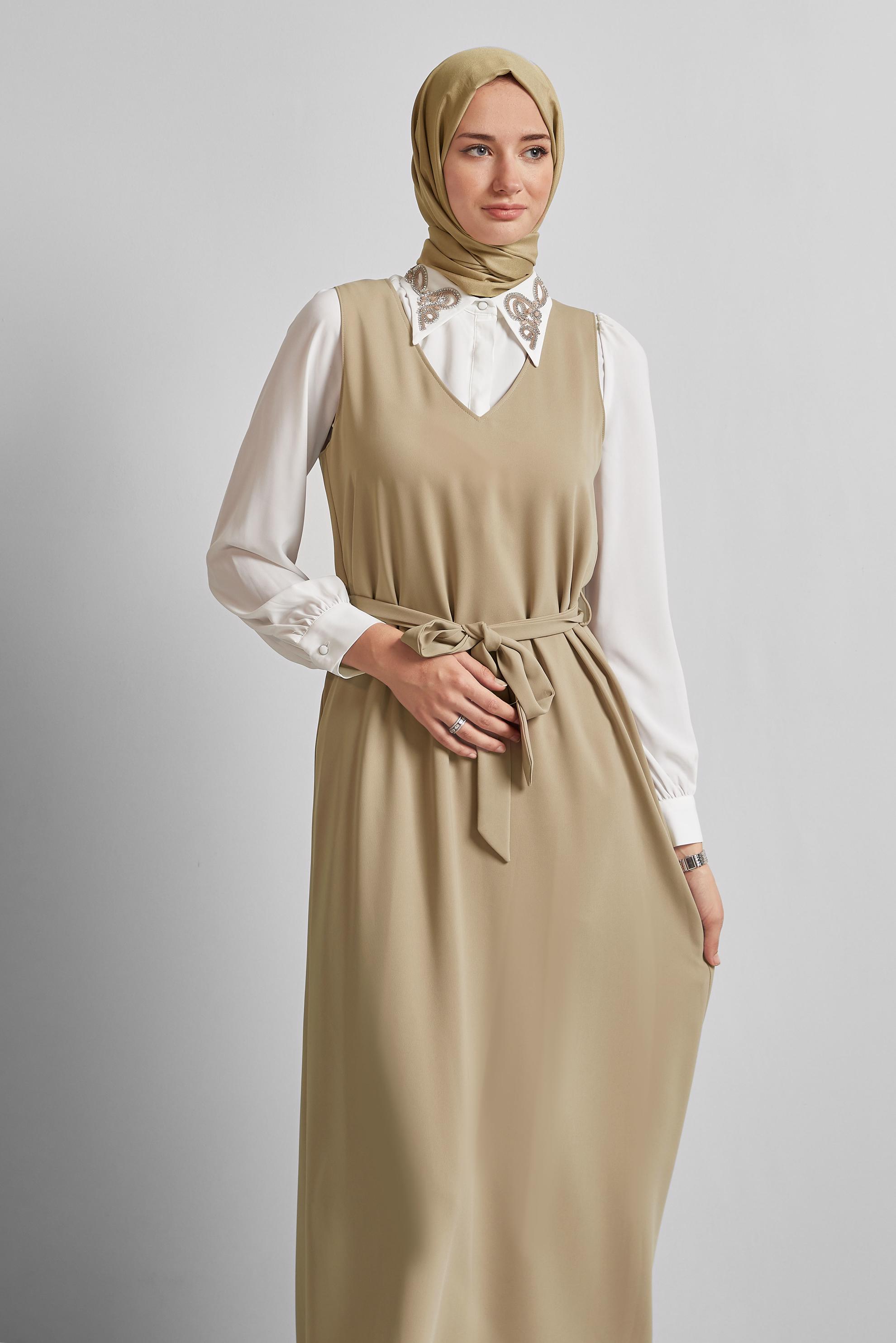 Tesettür giyim KAHVE İŞLEMELİ ELBİSELİ TAKIM 45658