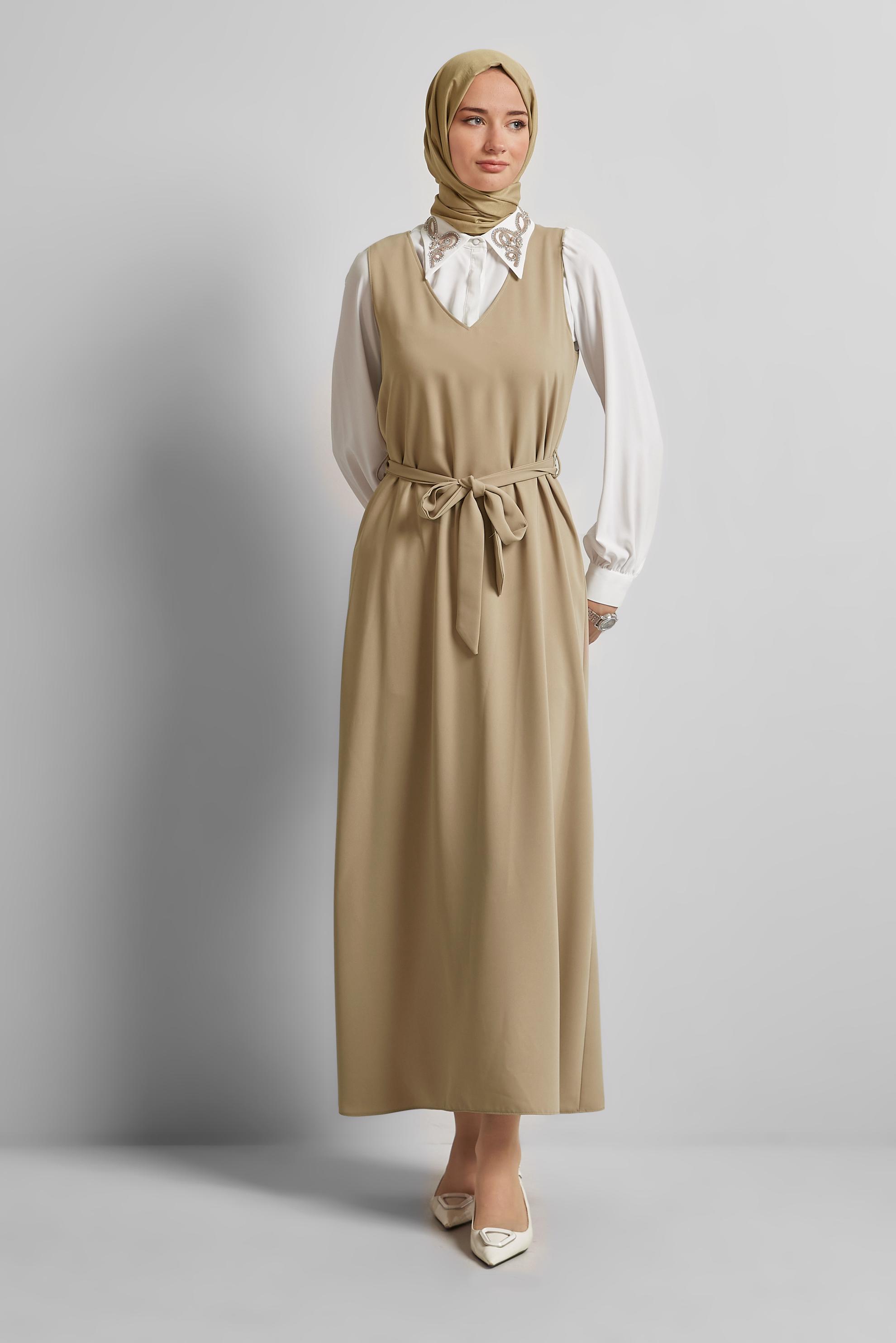 Tesettür giyim KAHVE İŞLEMELİ ELBİSELİ TAKIM 45658