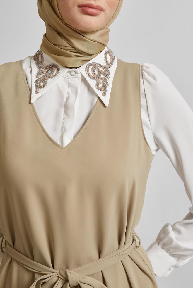 Vêtements hijab BEIGE COSTUME HABILLÉ BRODÉ 45658 - ALVİNA