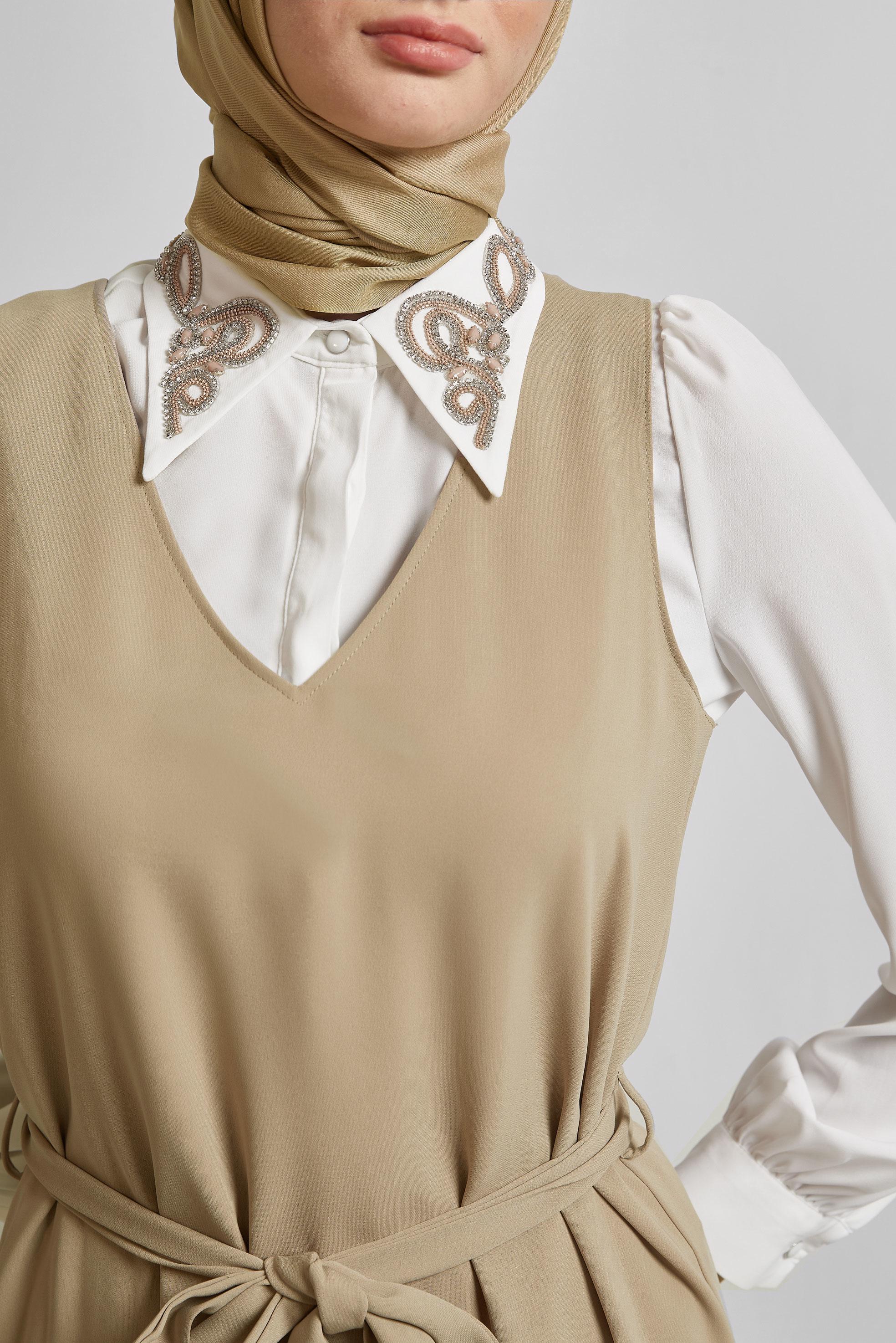 Tesettür giyim KAHVE İŞLEMELİ ELBİSELİ TAKIM 45658