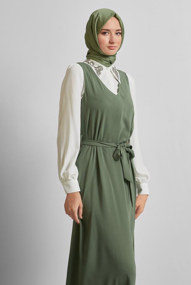 Hijab clothing KHAKI EMBROIDERED DRESS SUIT 45658 - ALVİNA