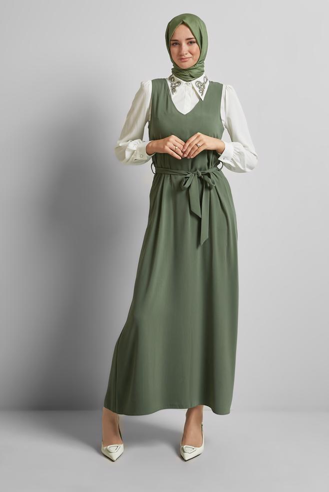 Hijab clothing KHAKI EMBROIDERED DRESS SUIT 45658 - ALVİNA