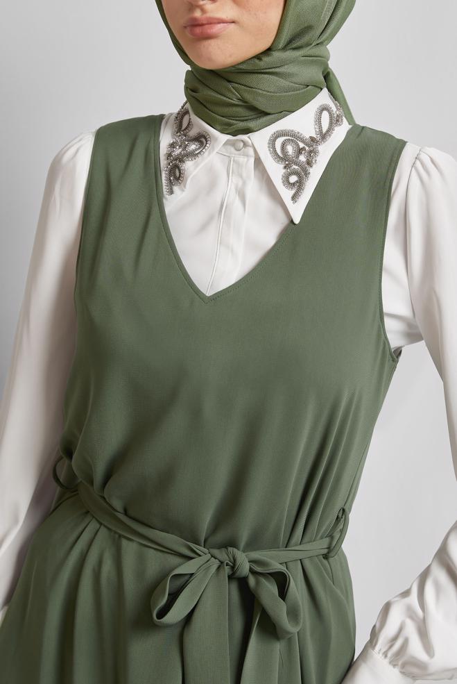 Hijab clothing KHAKI EMBROIDERED DRESS SUIT 45658 - ALVİNA
