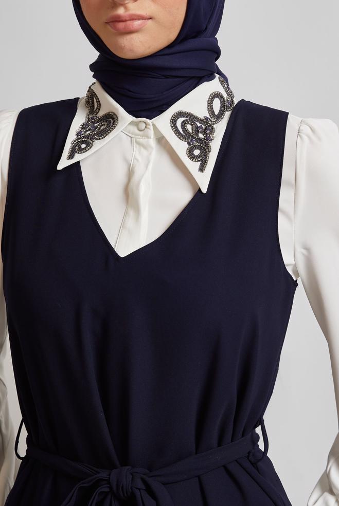 Vêtements hijab BLEU MARINE COSTUME HABILLÉ BRODÉ 45658 - ALVİNA