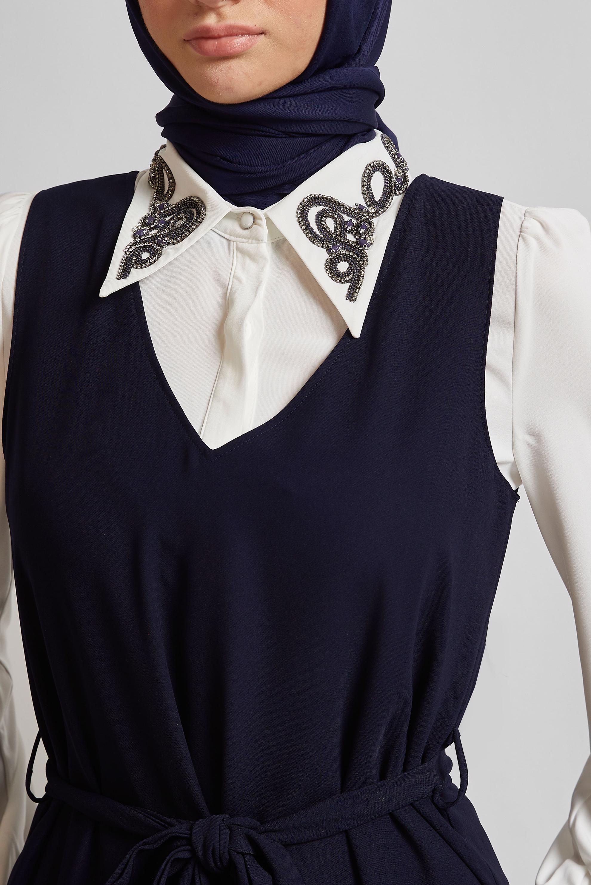 Tesettür giyim LACİVERT İŞLEMELİ ELBİSELİ TAKIM 45658