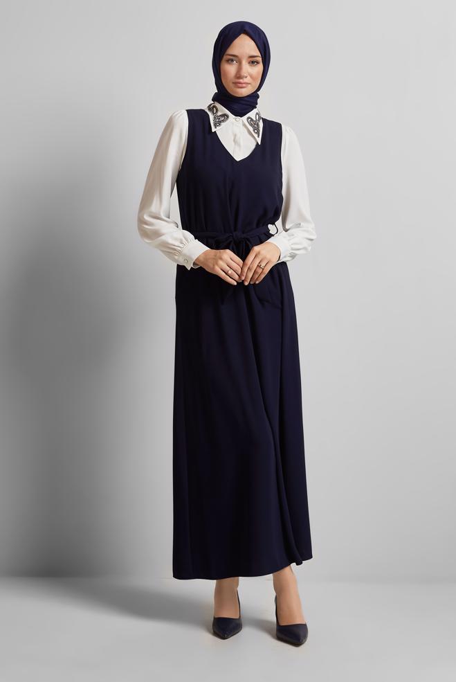 Vêtements hijab BLEU MARINE COSTUME HABILLÉ BRODÉ 45658 - ALVİNA