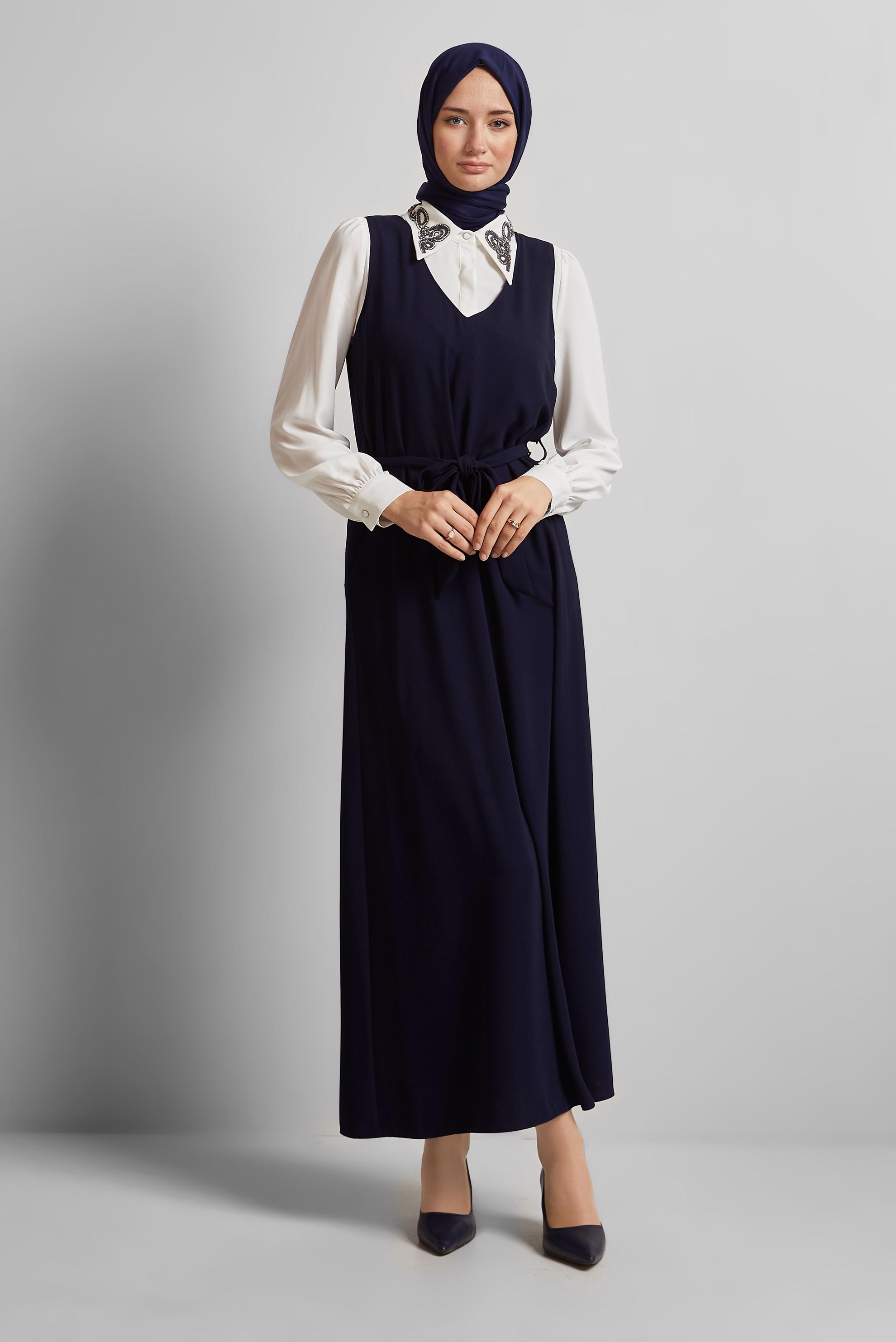 Tesettür giyim LACİVERT İŞLEMELİ ELBİSELİ TAKIM 45658