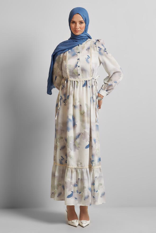 Vêtements hijab BLEU ROBE À MOTIFS 45661 - ALVİNA