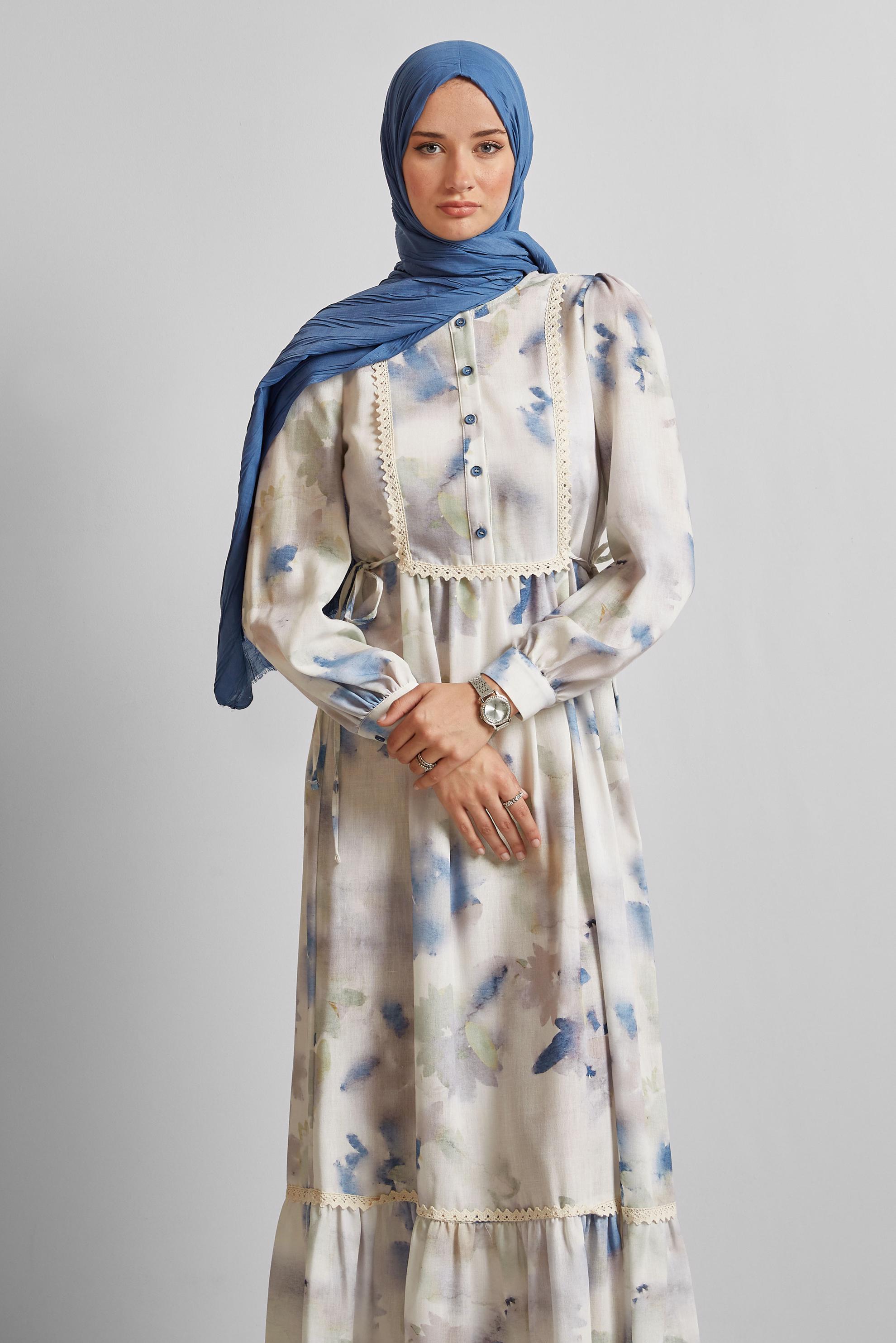 Tesettür giyim MAVİ DESENLİ ELBİSE 45661