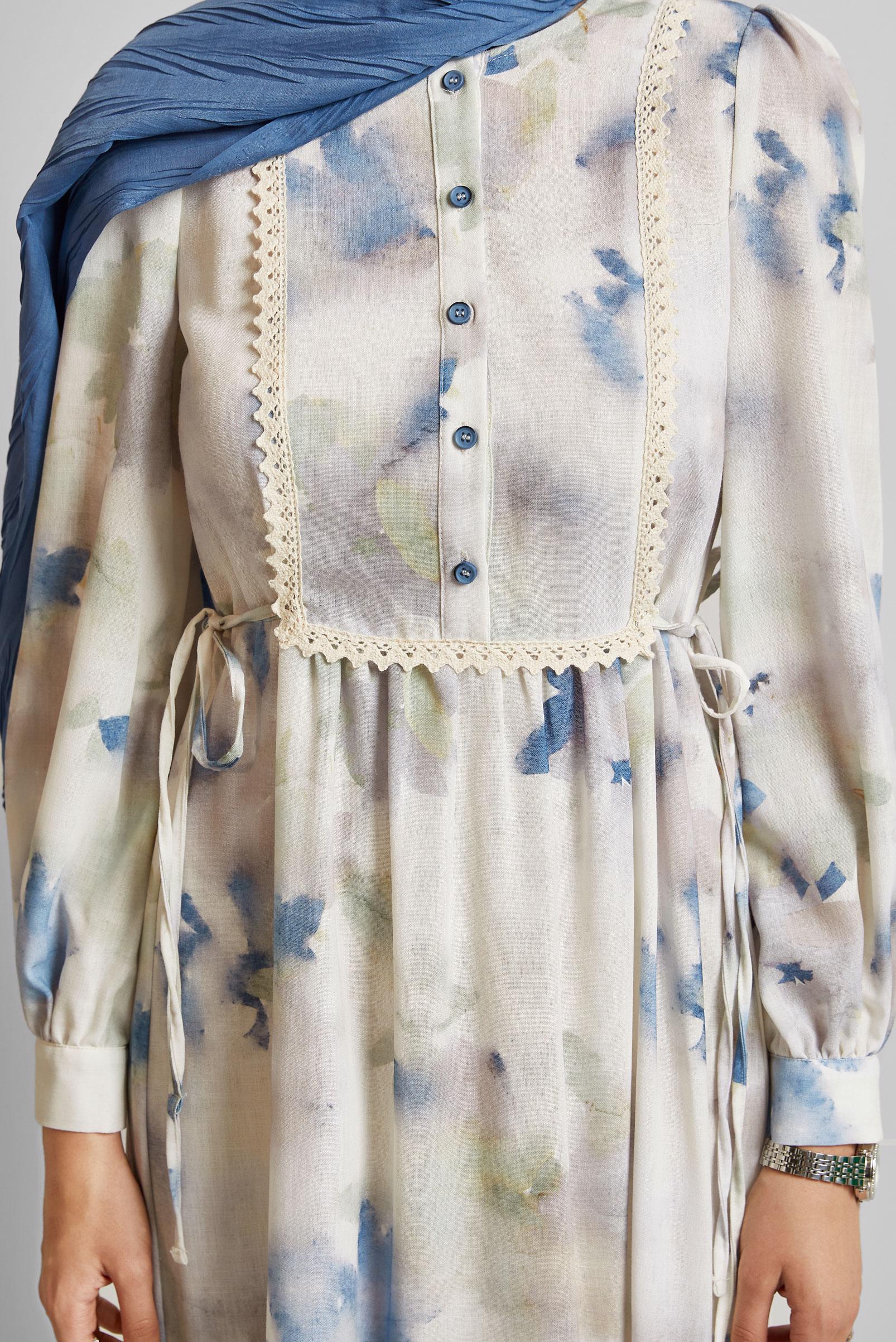 Tesettür giyim MAVİ DESENLİ ELBİSE 45661