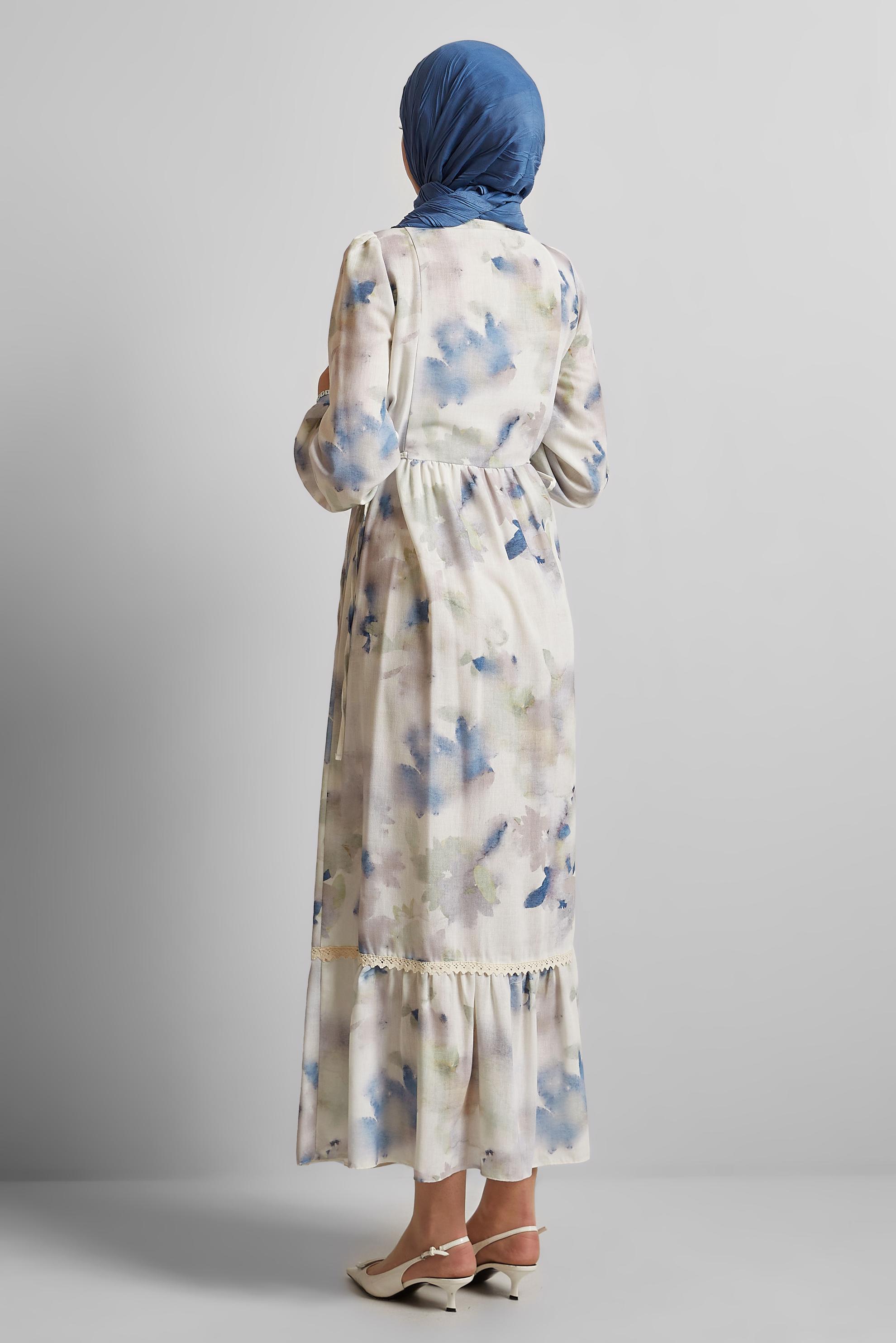 Tesettür giyim MAVİ DESENLİ ELBİSE 45661