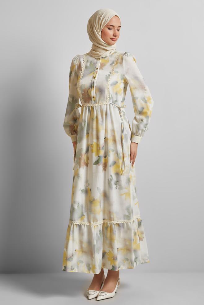 Vêtements hijab JAUNE ROBE À MOTIFS 45661 - ALVİNA