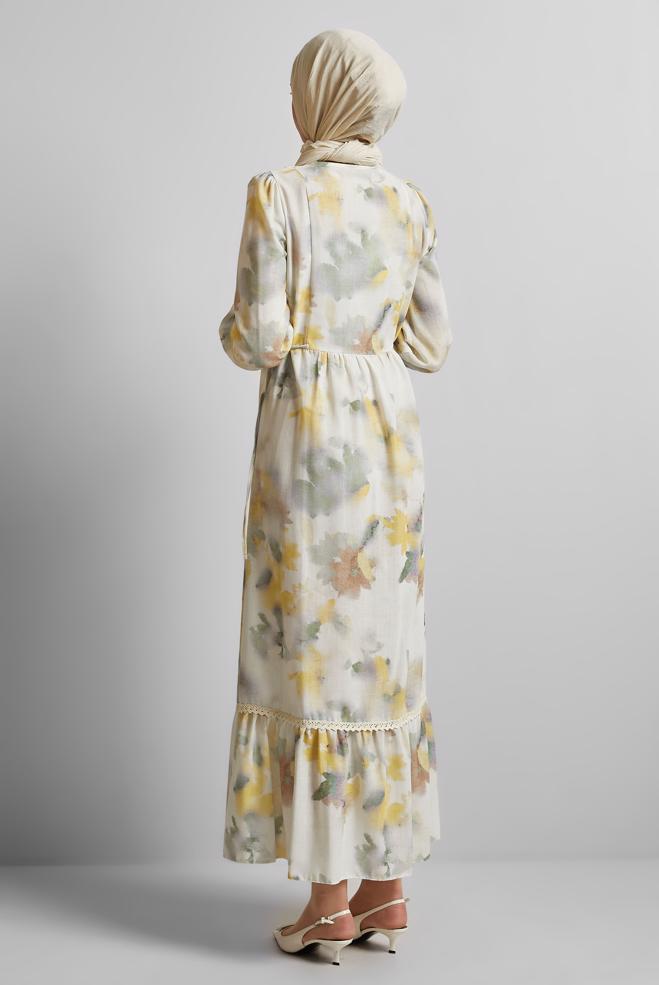 Vêtements hijab JAUNE ROBE À MOTIFS 45661 - ALVİNA