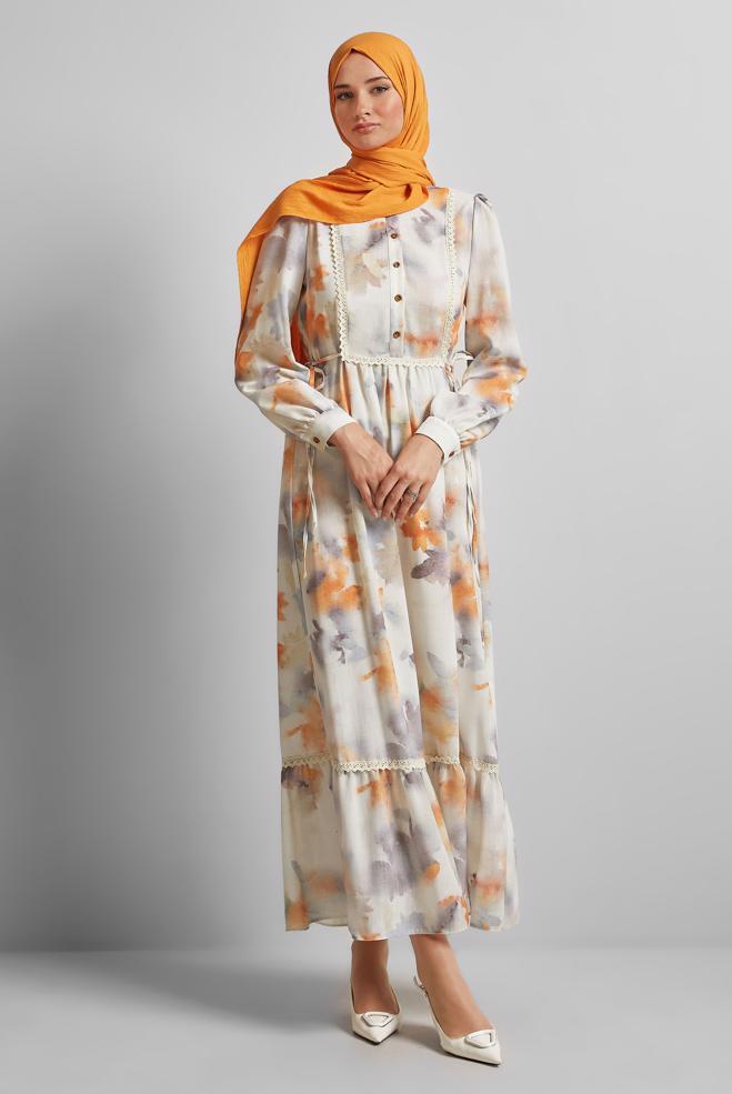 Vêtements hijab ORANGE ROBE À MOTIFS 45661 - ALVİNA