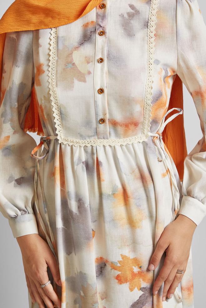 Vêtements hijab ORANGE ROBE À MOTIFS 45661 - ALVİNA