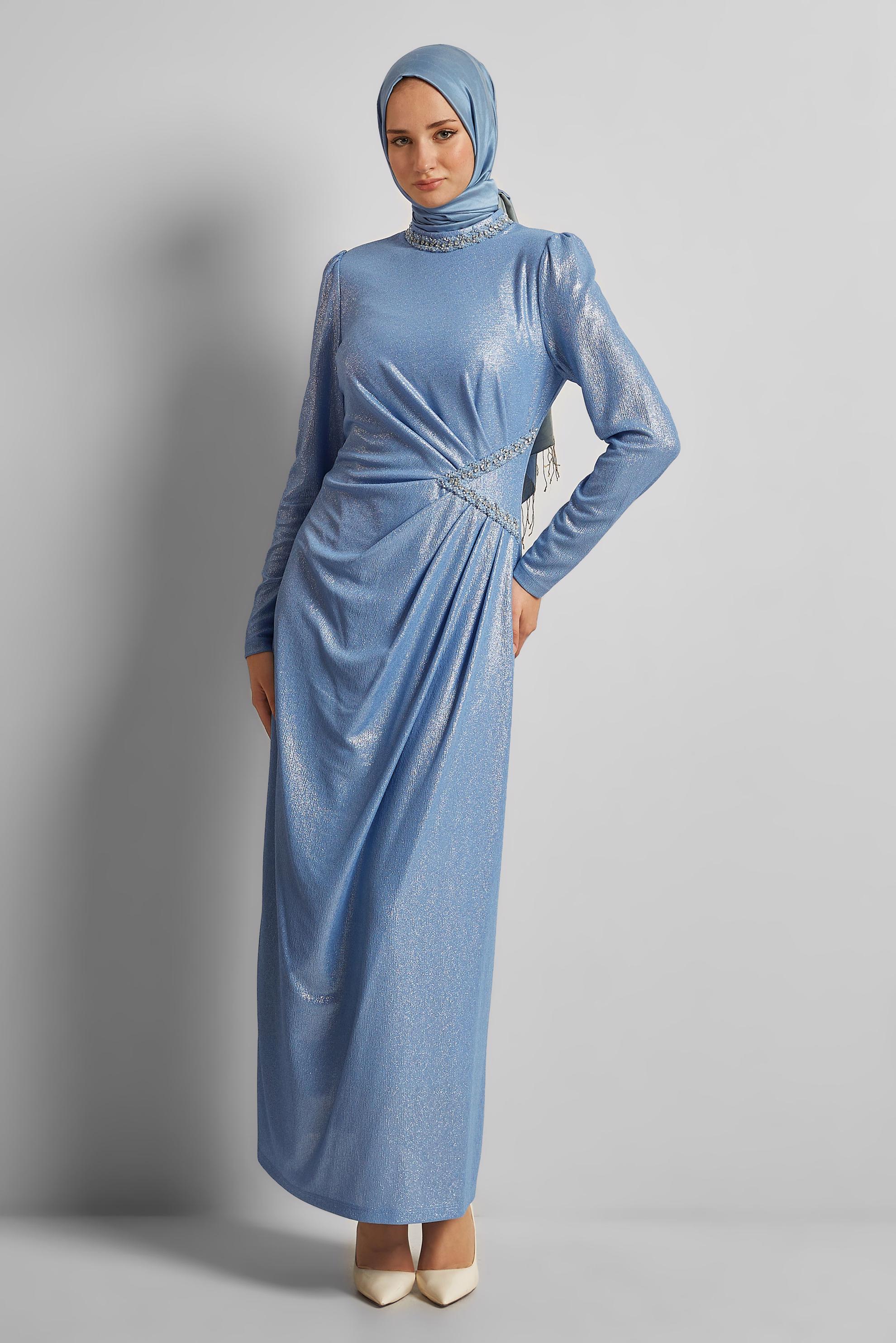 Tesettür giyim MAVİ TAŞ DETAYLI ELBİSE 45675